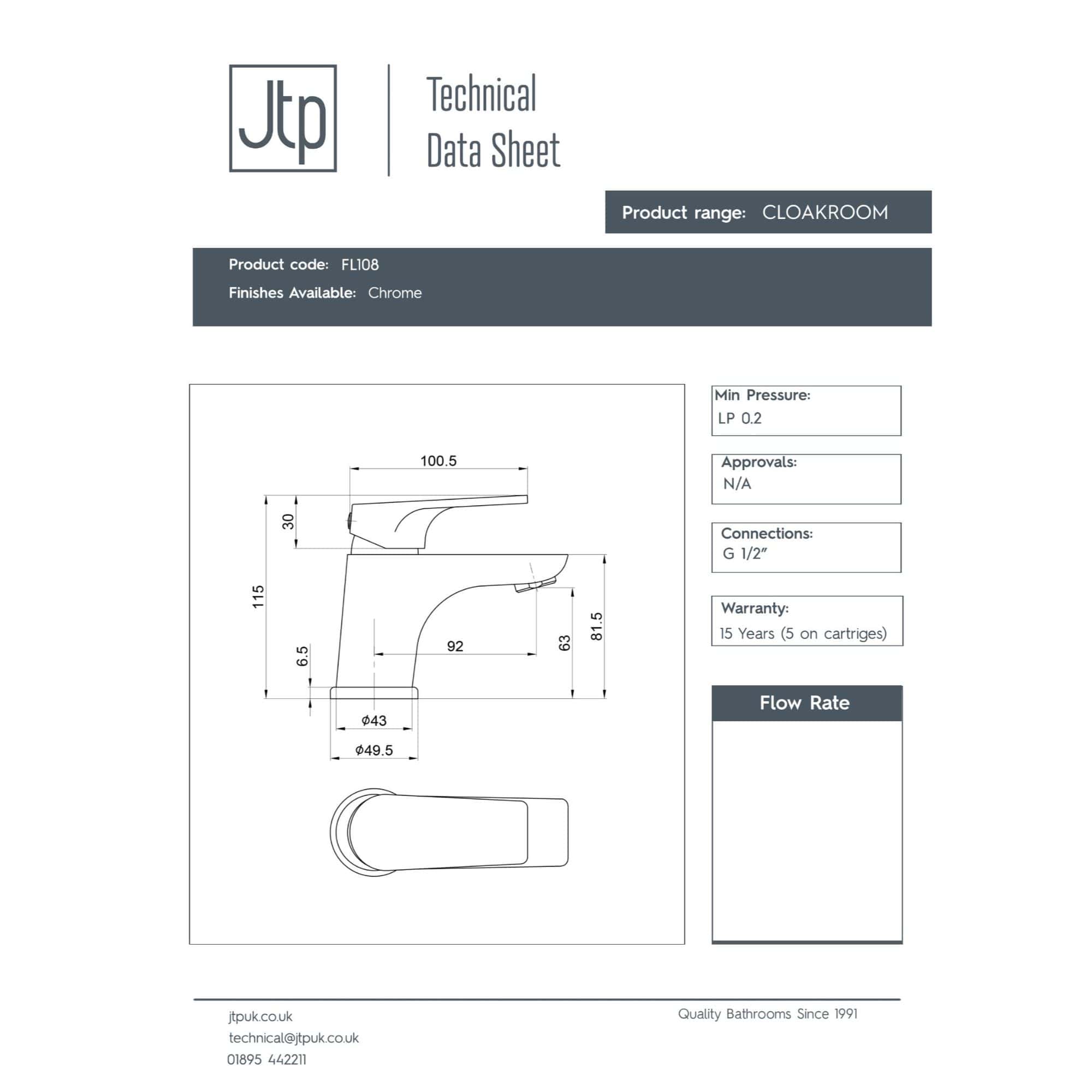 Sleek chrome bathroom tap with precise measurements and modern design, ideal for contemporary bathrooms and cloakrooms. Suitable for standard G 1/2 inch connections.