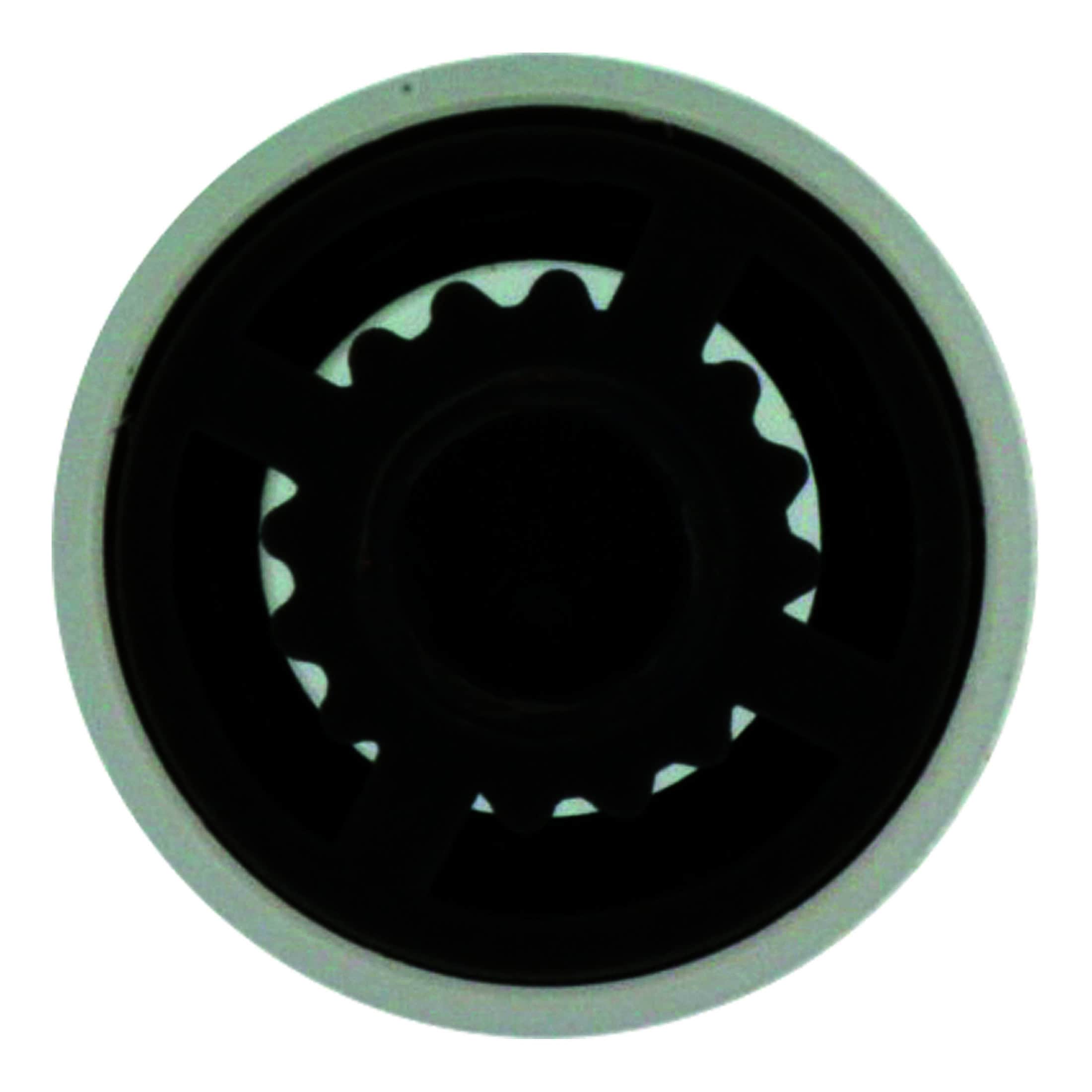 Black water filter cartridge with visible internal gears, essential for maintaining clean and fresh bathroom water supply in Bubly Bathrooms.