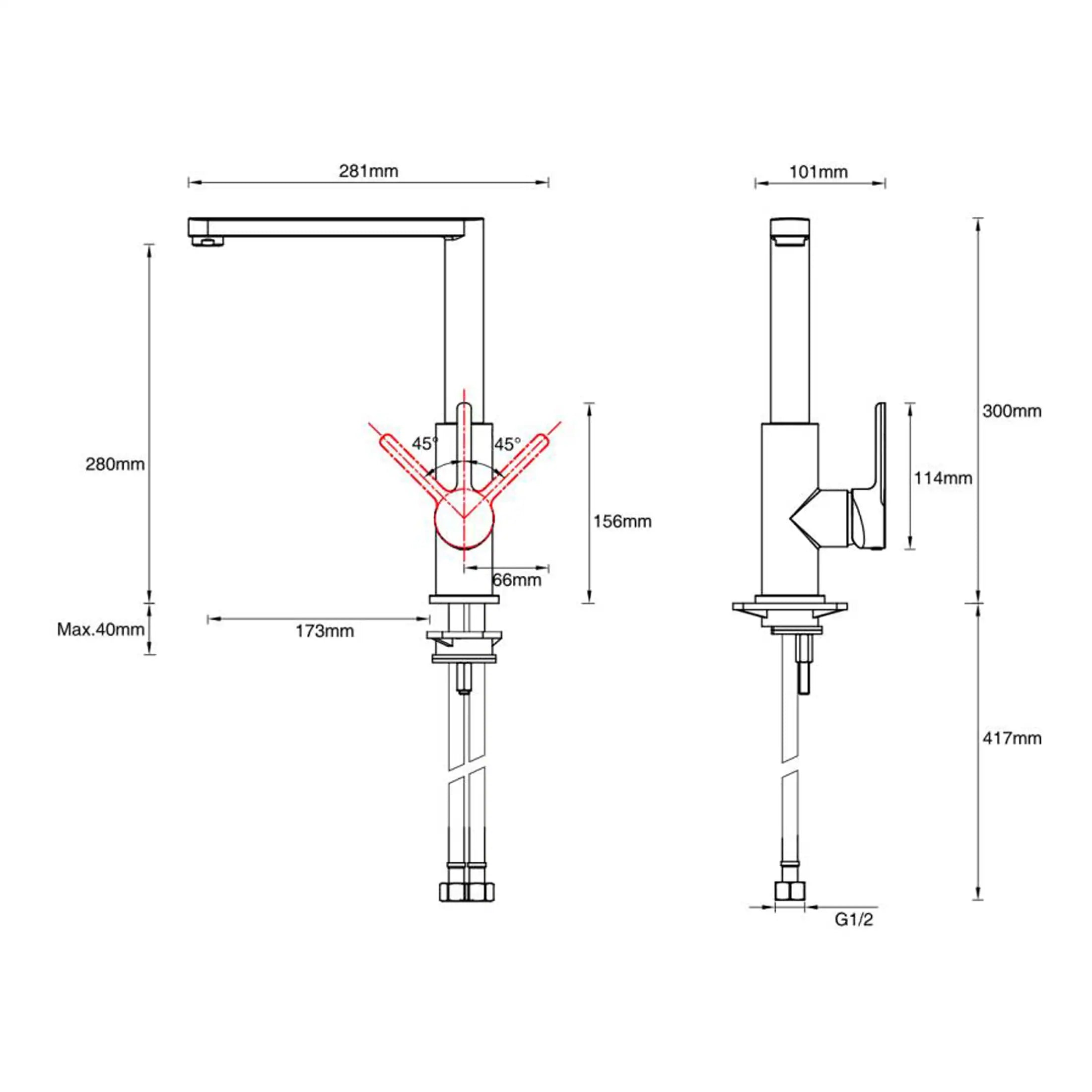 Sleek modern bathroom sink tap with adjustable angles and precise measurements, ideal for stylish bathroom renovation or upgrade from Bubly Bathrooms.