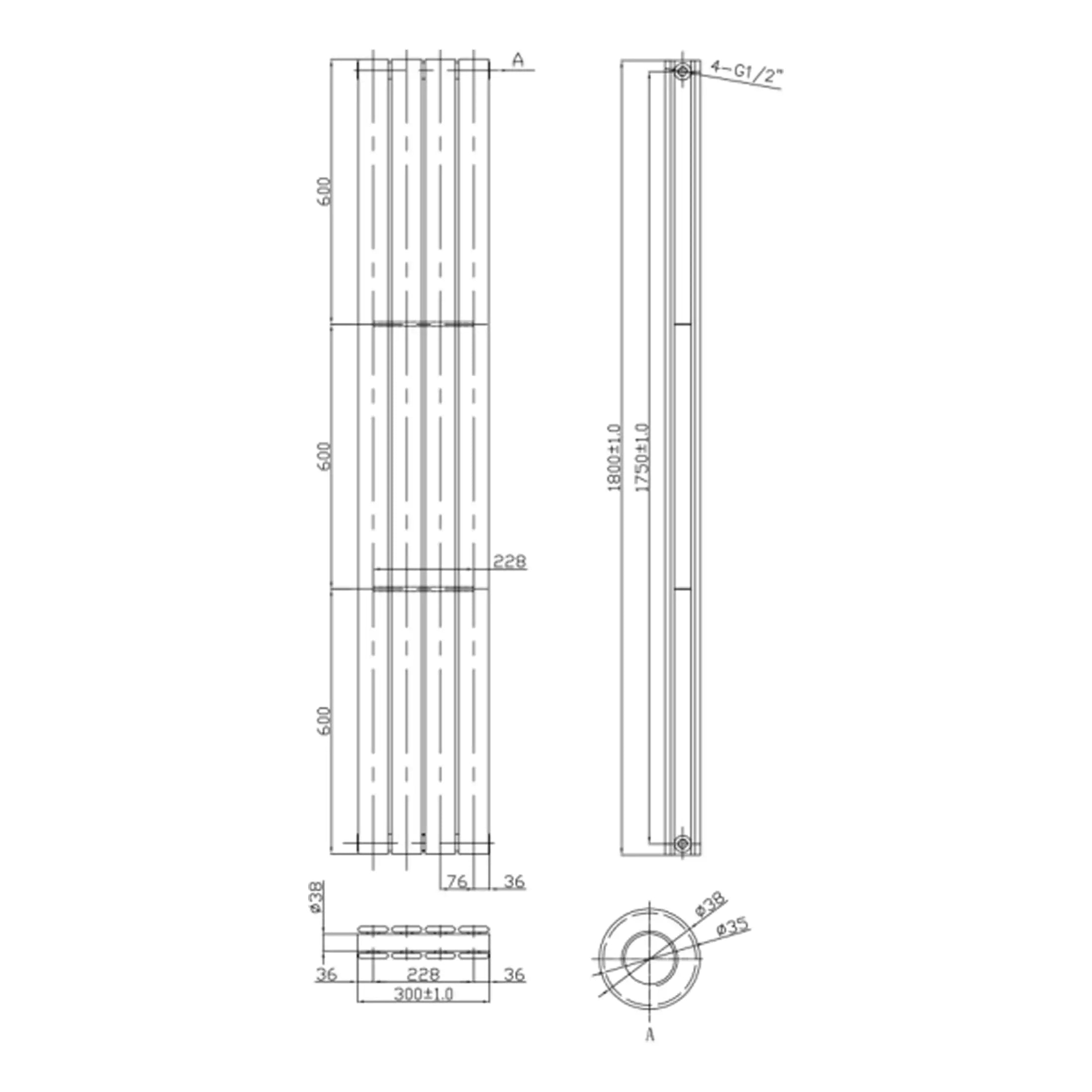 Precision bathroom radiator technical drawing showcasing modern heating solutions for luxury bathrooms.