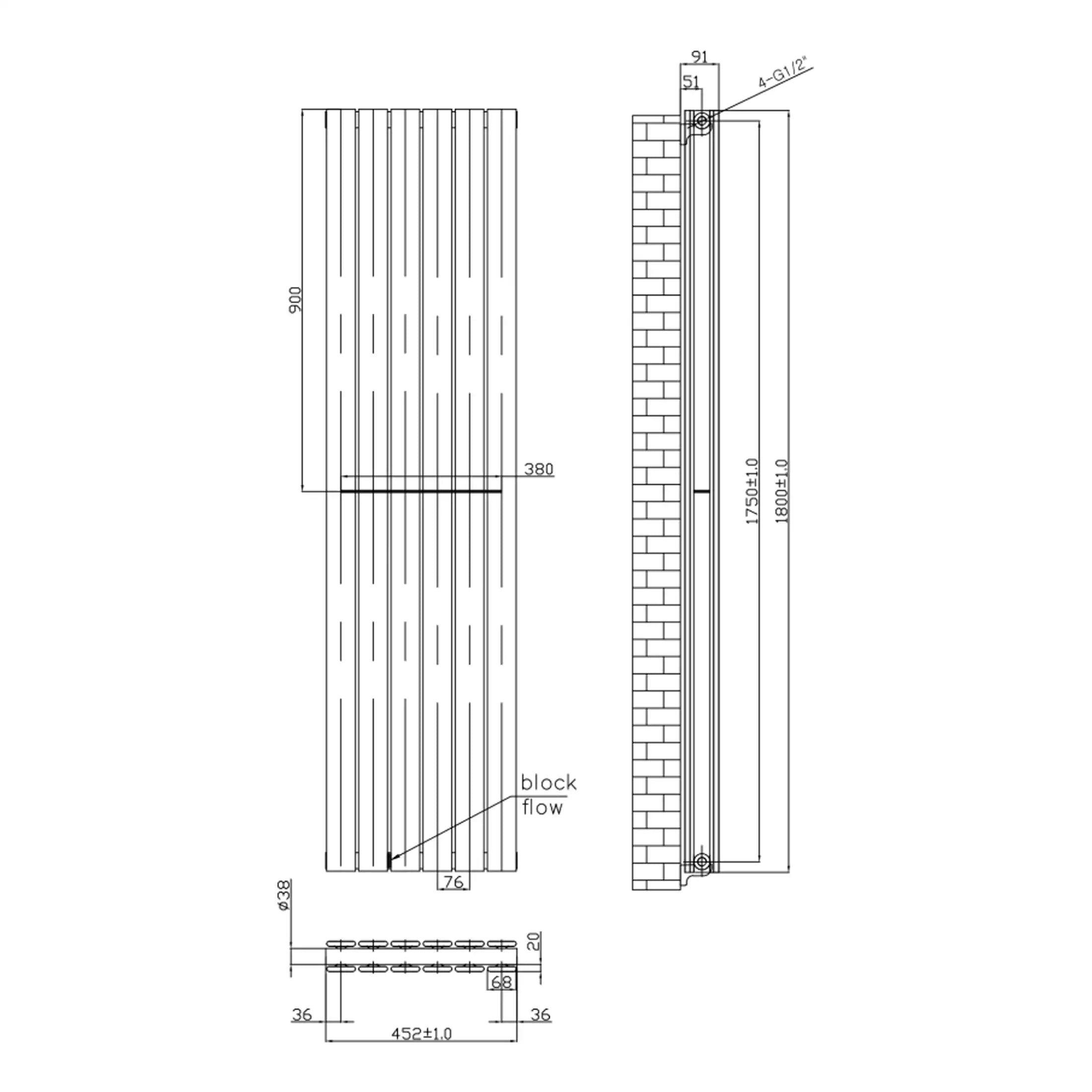 CAD drawing of a modern radiator for bathroom heating at Bubly Bathrooms, showcasing detailed dimensions and installation specifications for high-quality bathroom radiator installations.