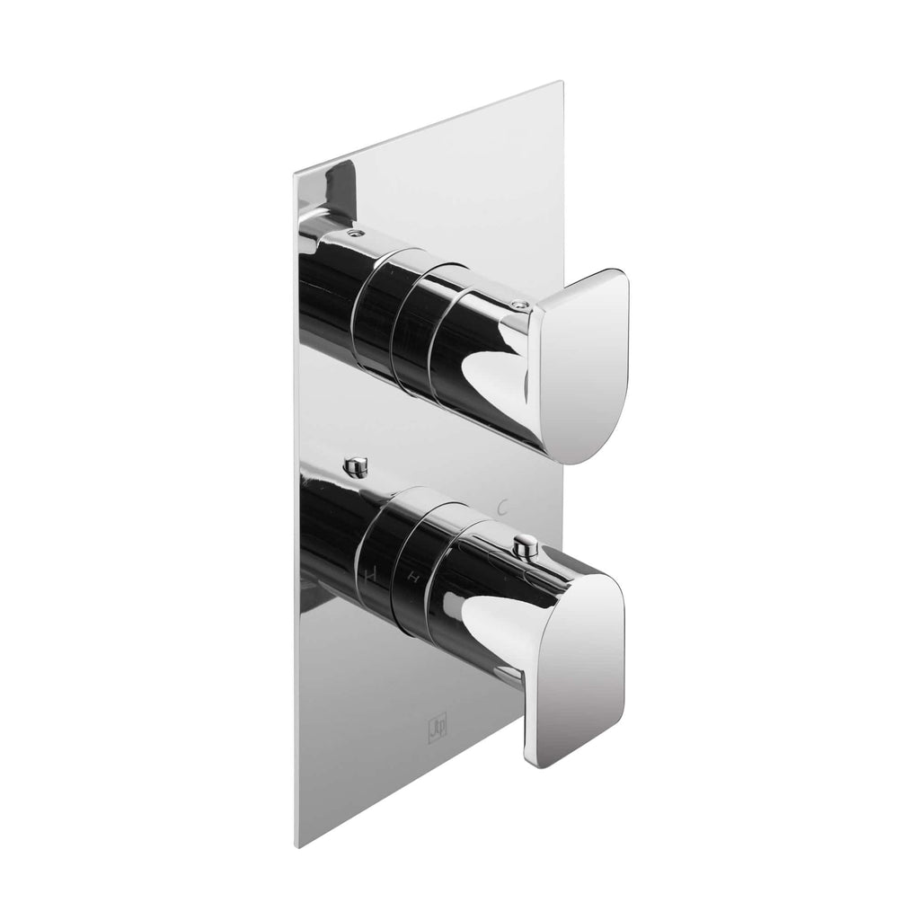 Sleek chrome bathroom shower mixer valve with dual control knobs on a white background.