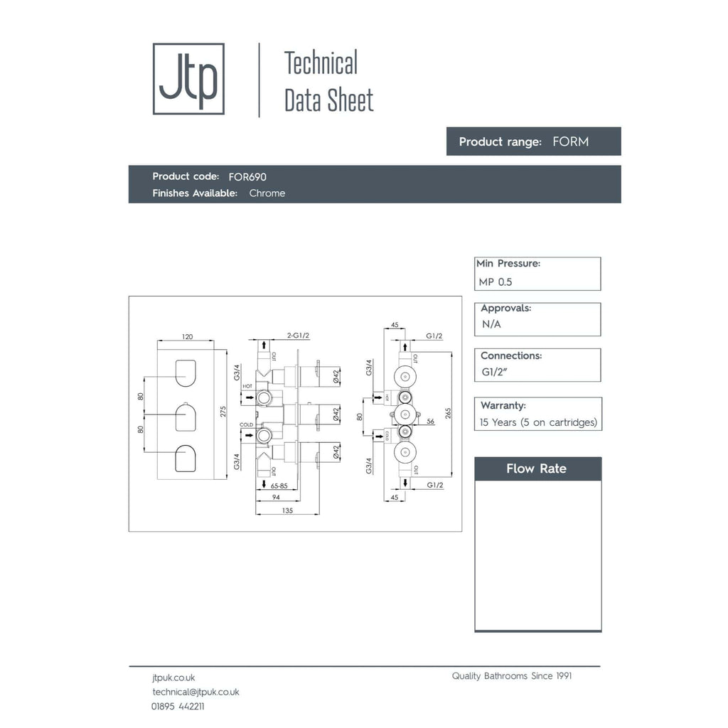 Chrome bathroom valve technical diagram with dimensions and specifications for Bubly Bathrooms.