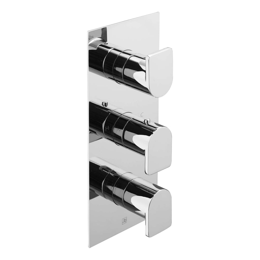 Sleek chrome thermostatic bath and shower mixer valve for modern bathroom installation, offering precise temperature control and contemporary design.