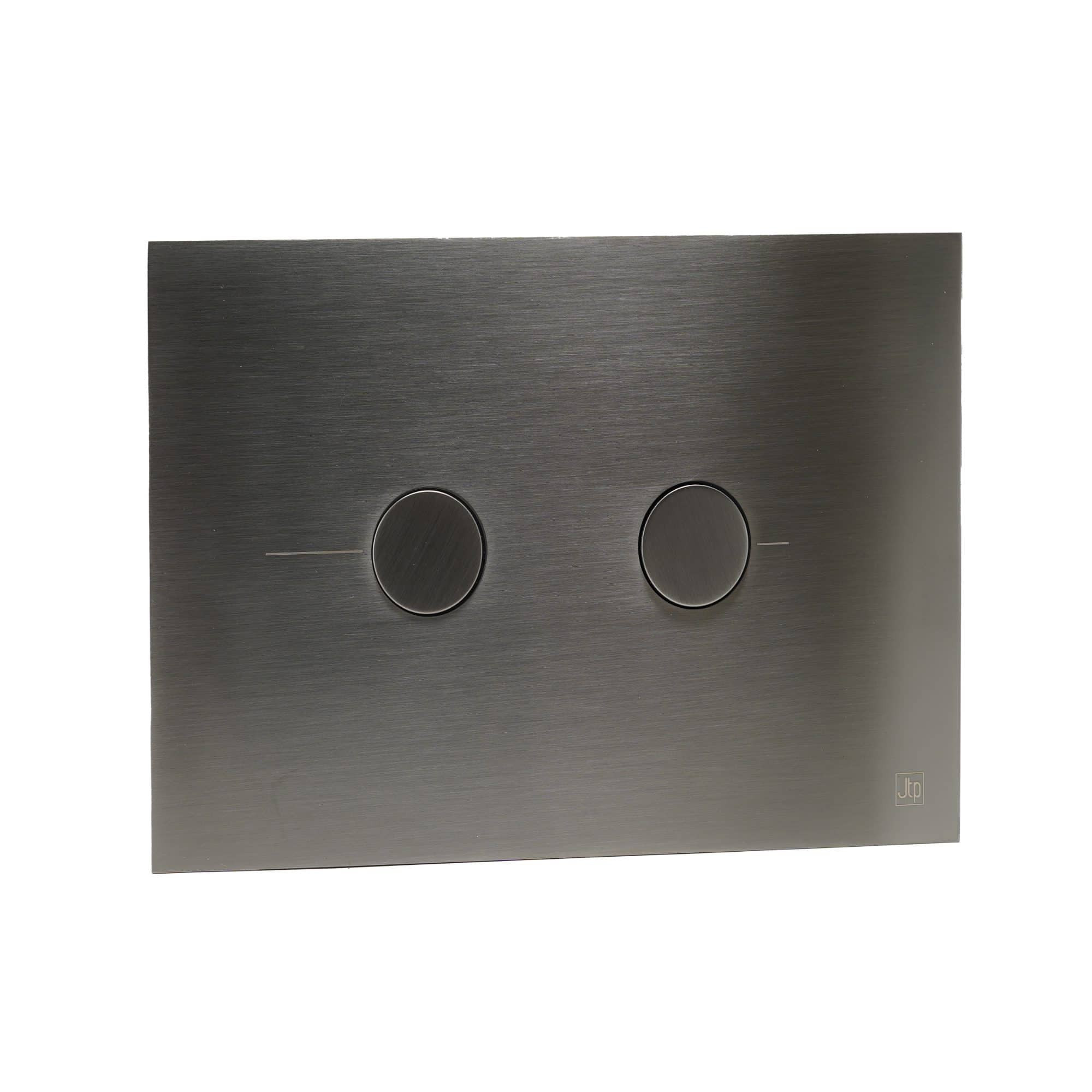 Dual chrome bathroom flush plate with two buttons for modern toilet systems. Sleek stainless steel finish, easy to operate, and durable construction for contemporary bathroom designs.