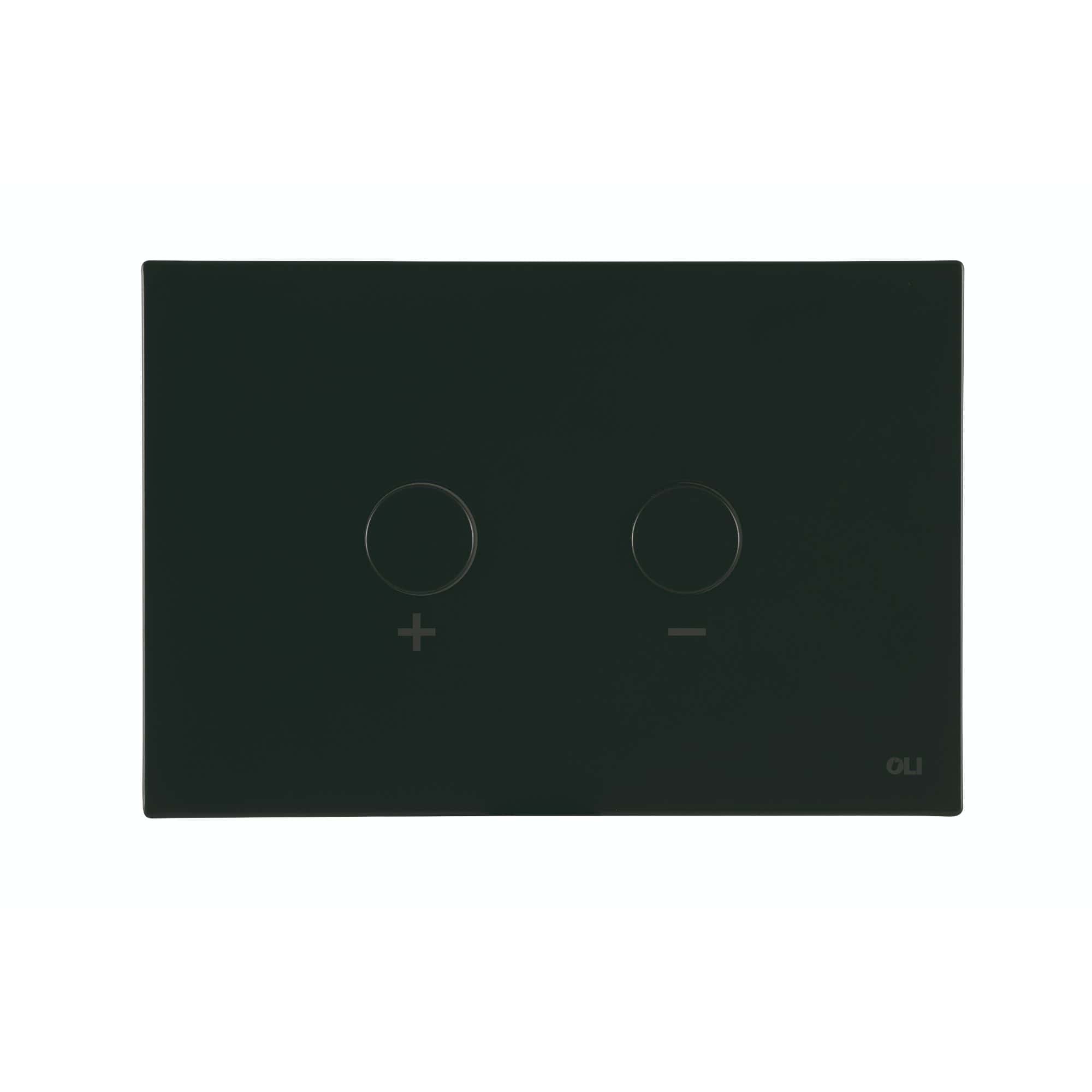 Smart black bathroom light switch with touch controls for modern bathroom design. Features plus and minus buttons for easy lighting adjustment, ideal for contemporary bathroom renovations.