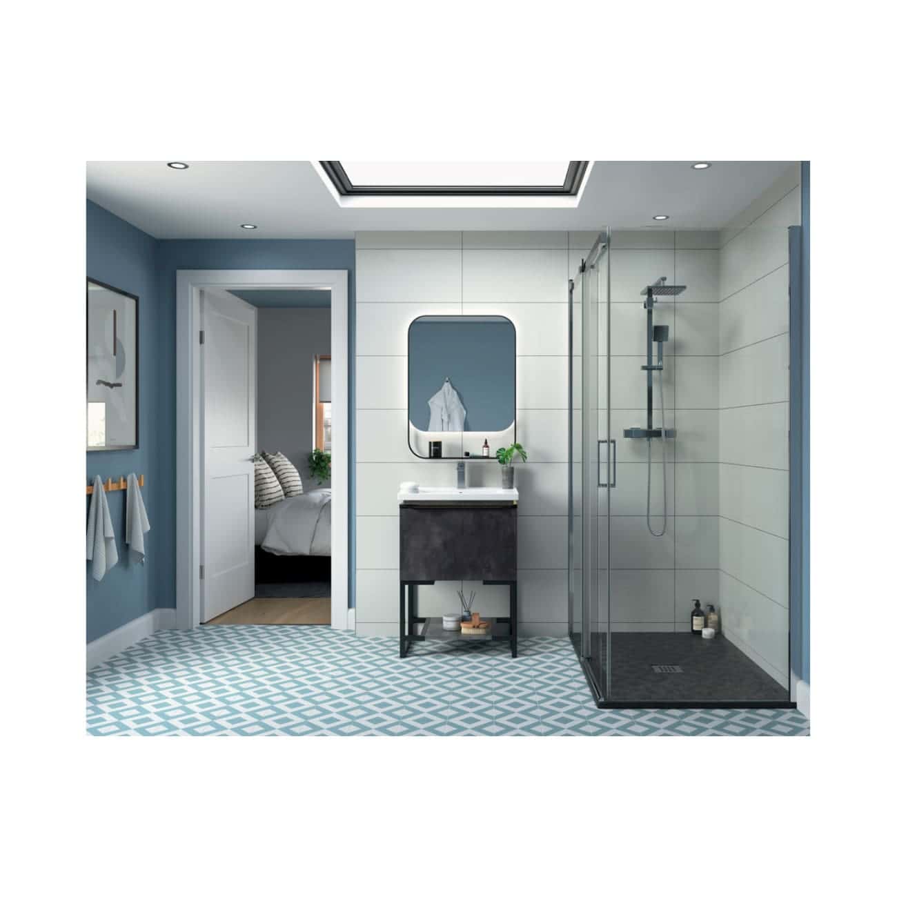 Modern blue and white bathroom with walk-in shower, black vanity with sink, and stylish mirror, creating a sleek and contemporary bathroom design.