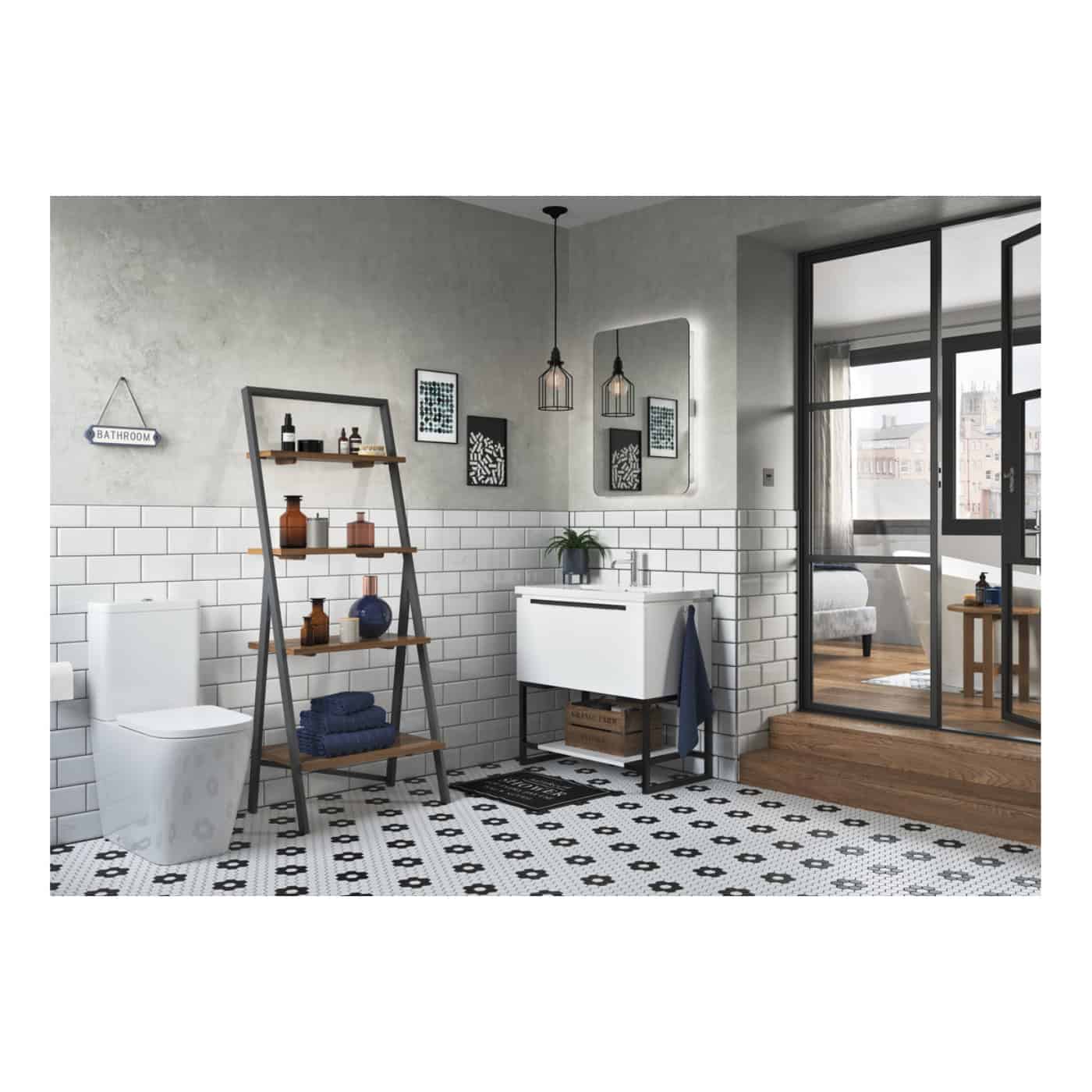 Modern bathroom featuring white subway tiles, black and white patterned floor, floating vanity, stylish decor, and large window letting in natural light, perfect for contemporary bathroom design.