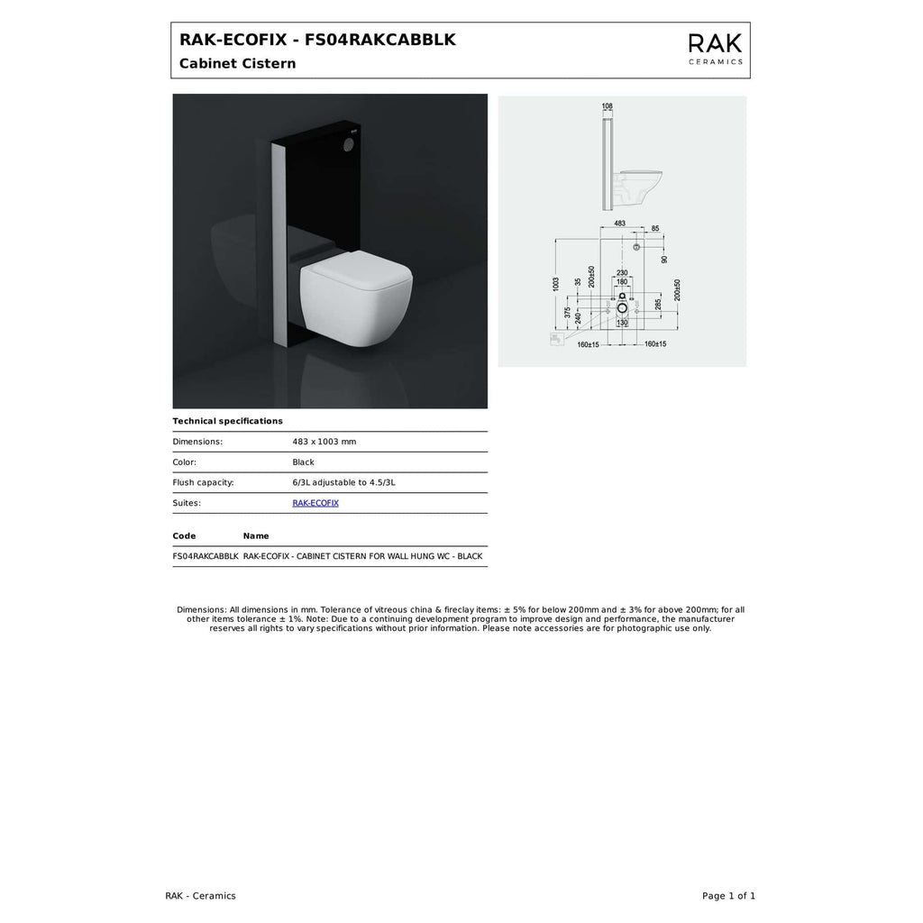 Modern wall-hung toilet with black cabinet cistern, sleek design, ideal for contemporary bathrooms, with technical specifications and installation diagram.