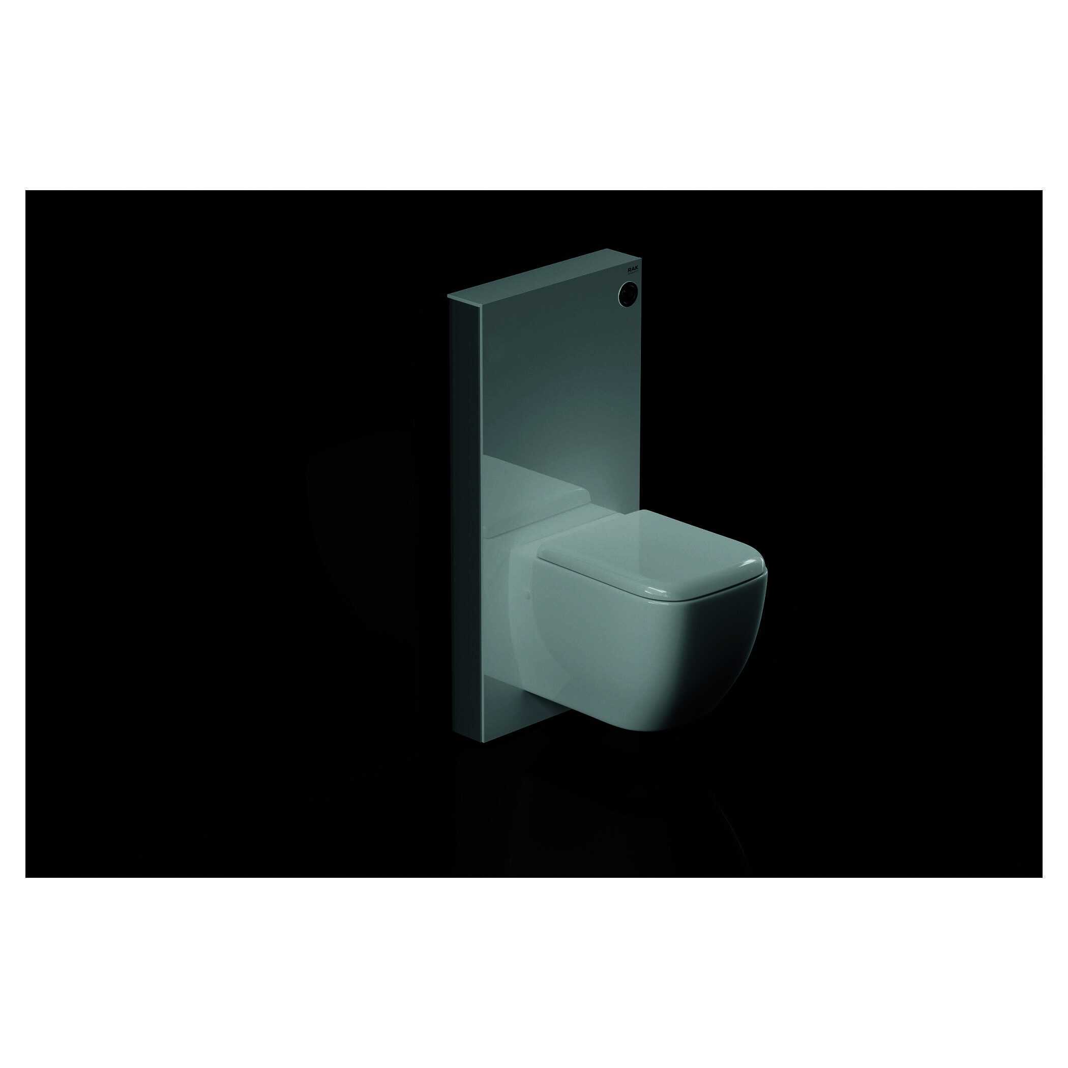 Contemporary wall-mounted toilet with sleek design and integrated flush panel in a modern bathroom setting. Perfect for space-saving and minimalist bathroom interiors.