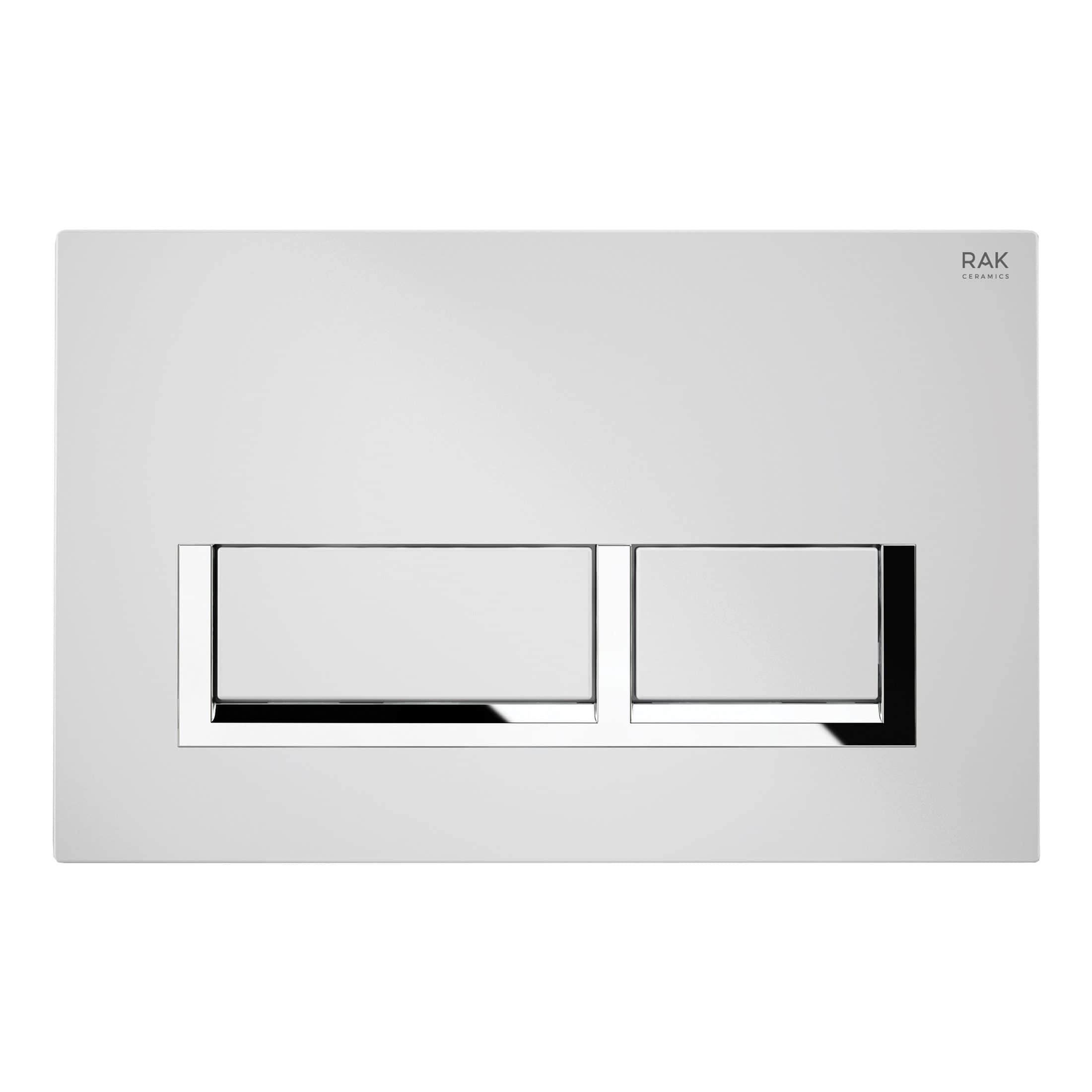 Contour flush metal dual flush button for modern bathroom toilets, high-quality RAK Ceramics design, sleek chrome finish, easy to install, durable and water-saving.