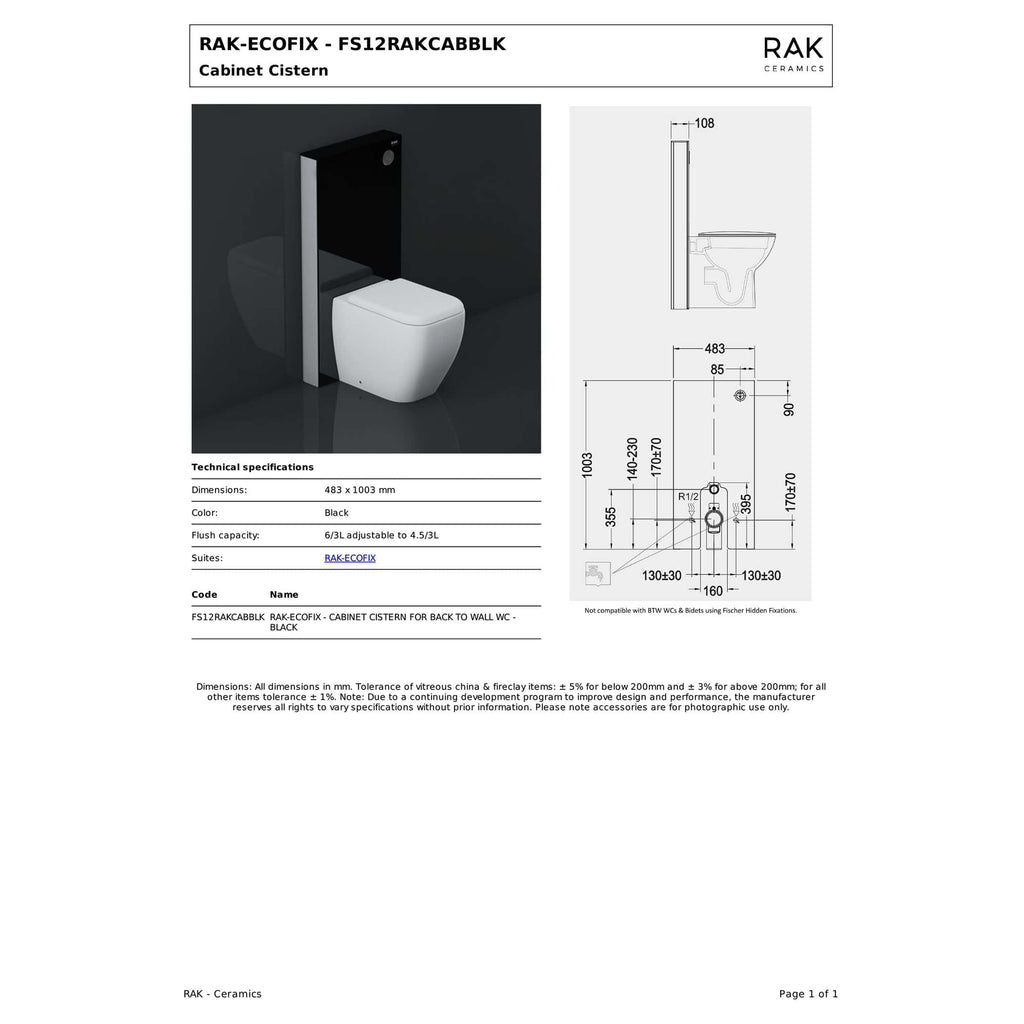 Modern black and white bathroom cabinet cisterm with wall-mounted toilet, sleek design, and technical specifications for bathroom renovation and plumbing installations.