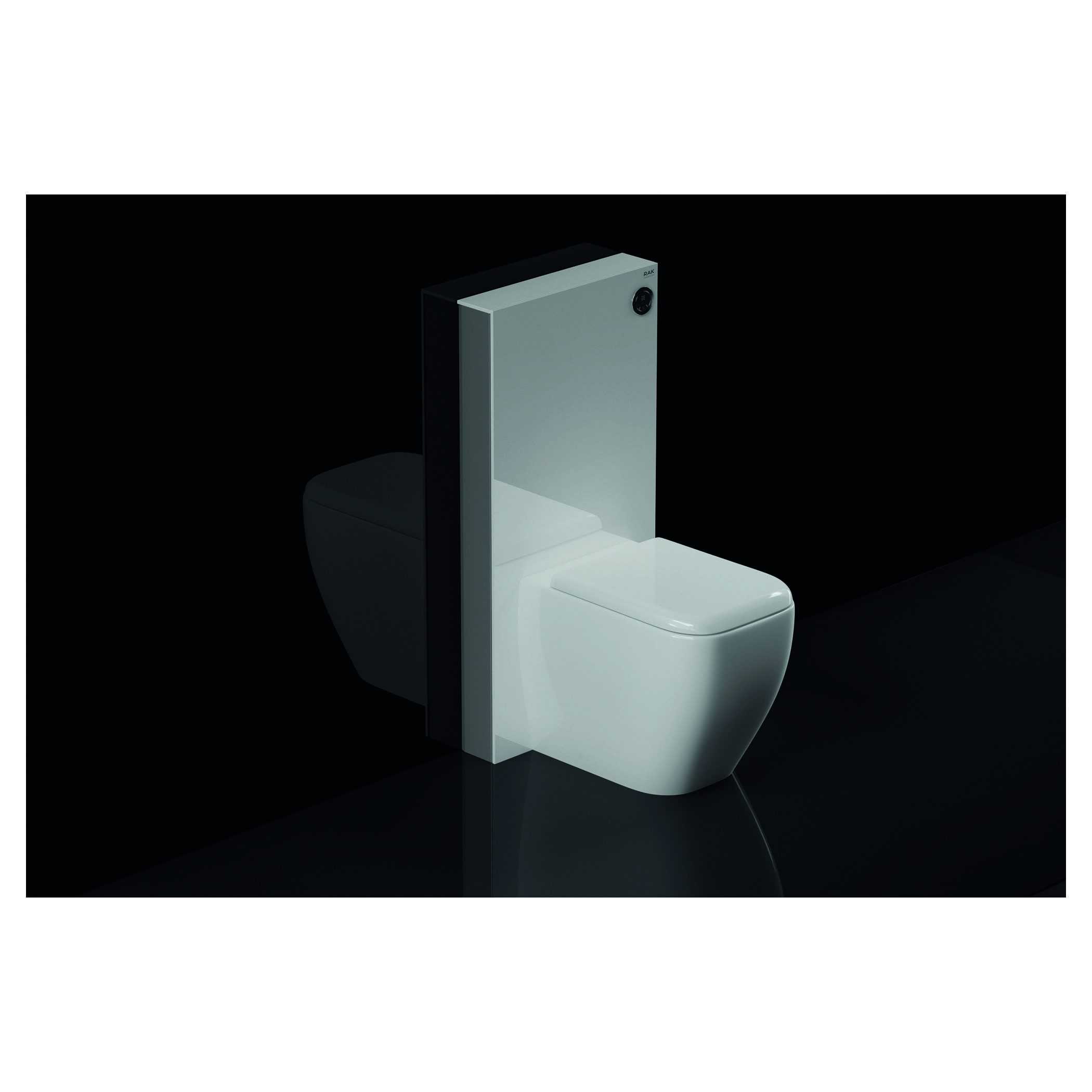 Sleek modern toilet with integrated high-tech design, combining white ceramic with a black and grey privacy panel, perfect for contemporary bathrooms. Efficient, stylish solution by Bubly Bathrooms.