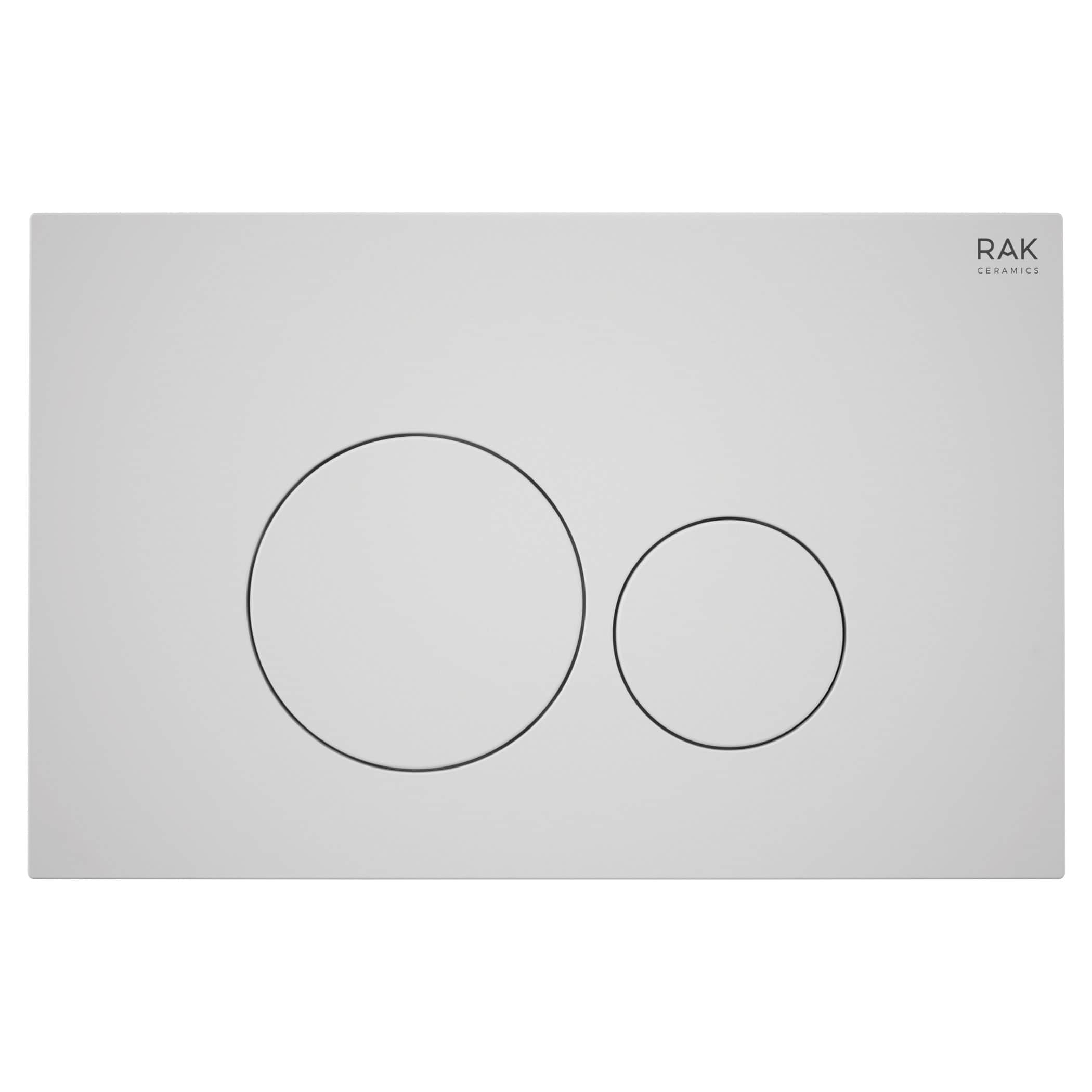 Sleek white dual-flush toilet control panel with modern circular buttons, designed for efficient bathroom flushing systems, ideal for contemporary bathroom renovations and installations.