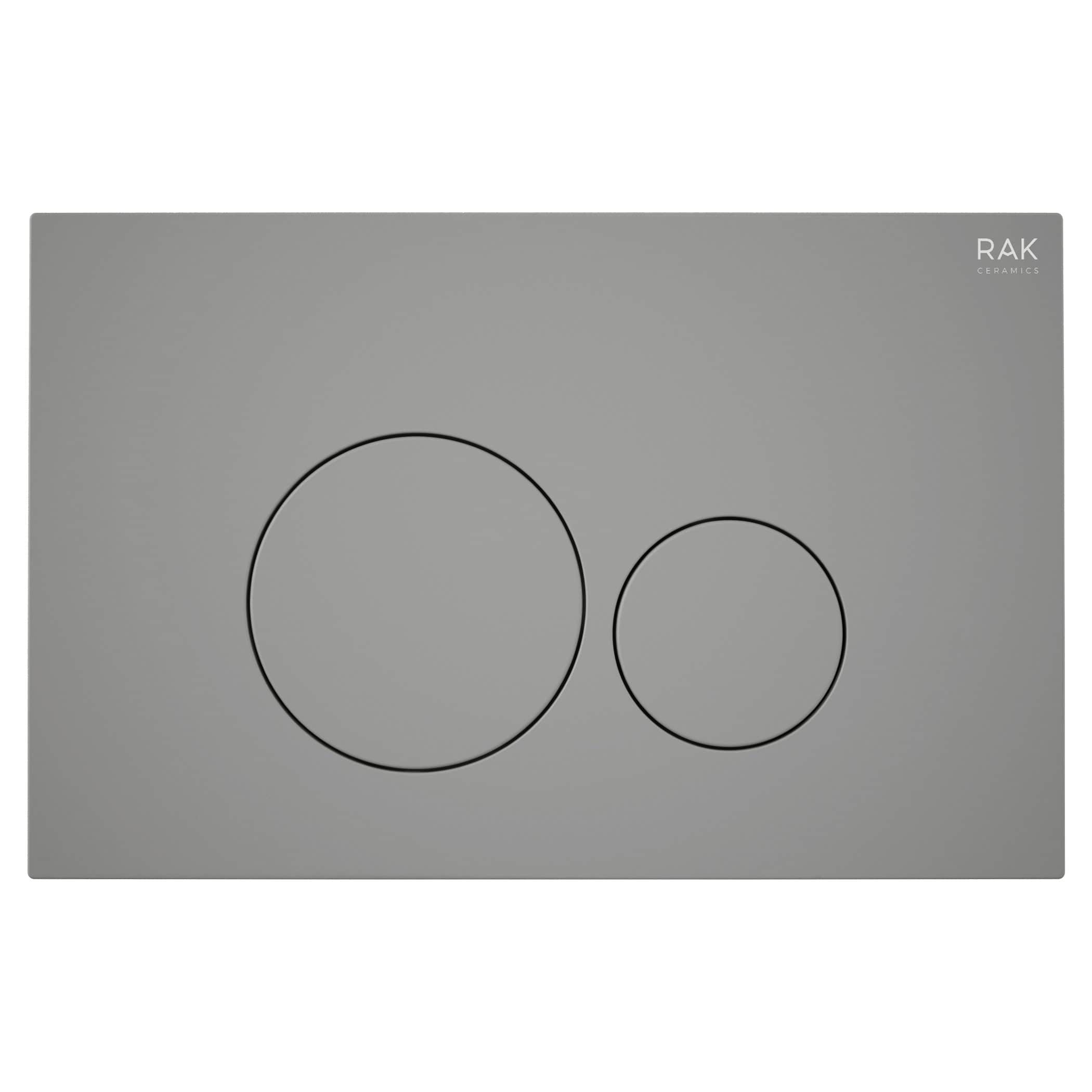 Contemporary grey dual-flush toilet flush plate with stylish circular buttons, perfect for modern bathrooms and eco-friendly water-saving fixtures. Designed by Bubly Bathrooms.