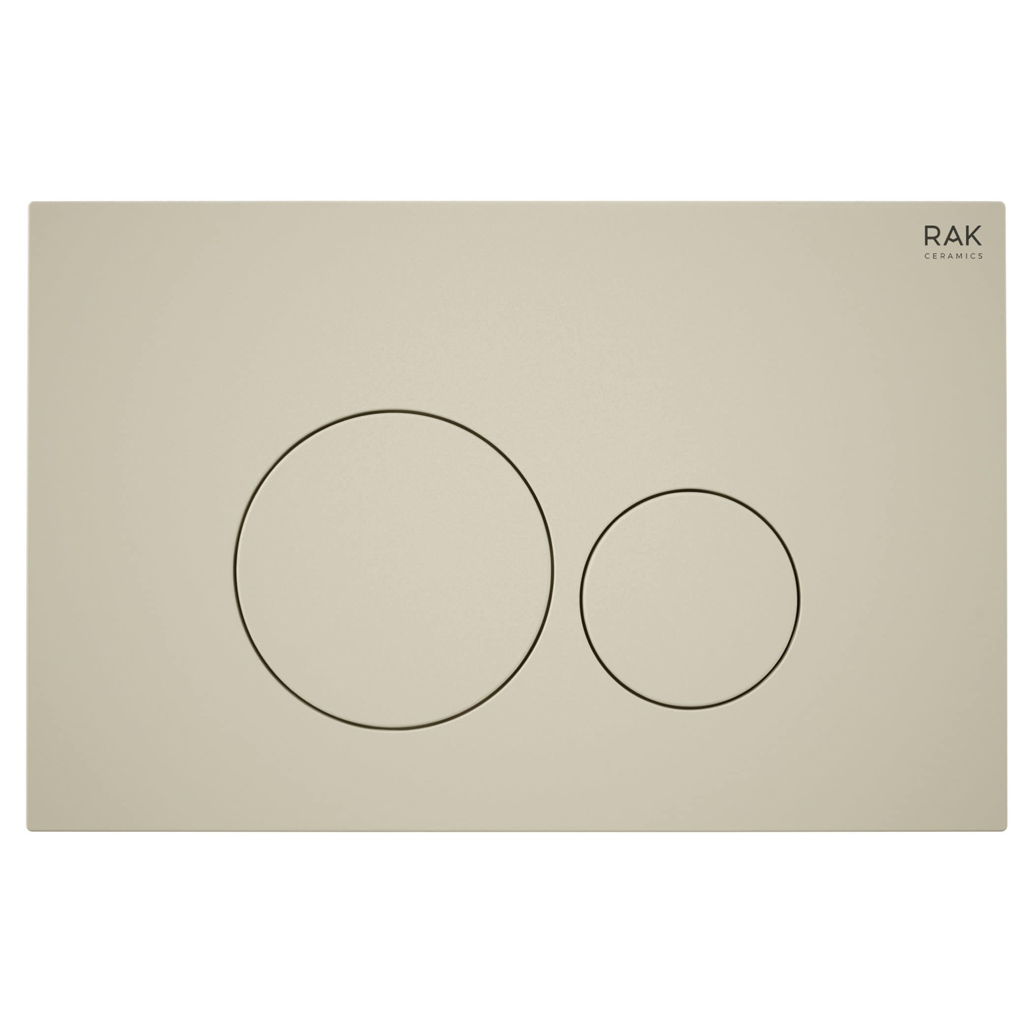 Minimalist beige dual-flush bathroom toilet flush plate with two round buttons, designed for modern bathroom installations - Bubly Bathrooms.
