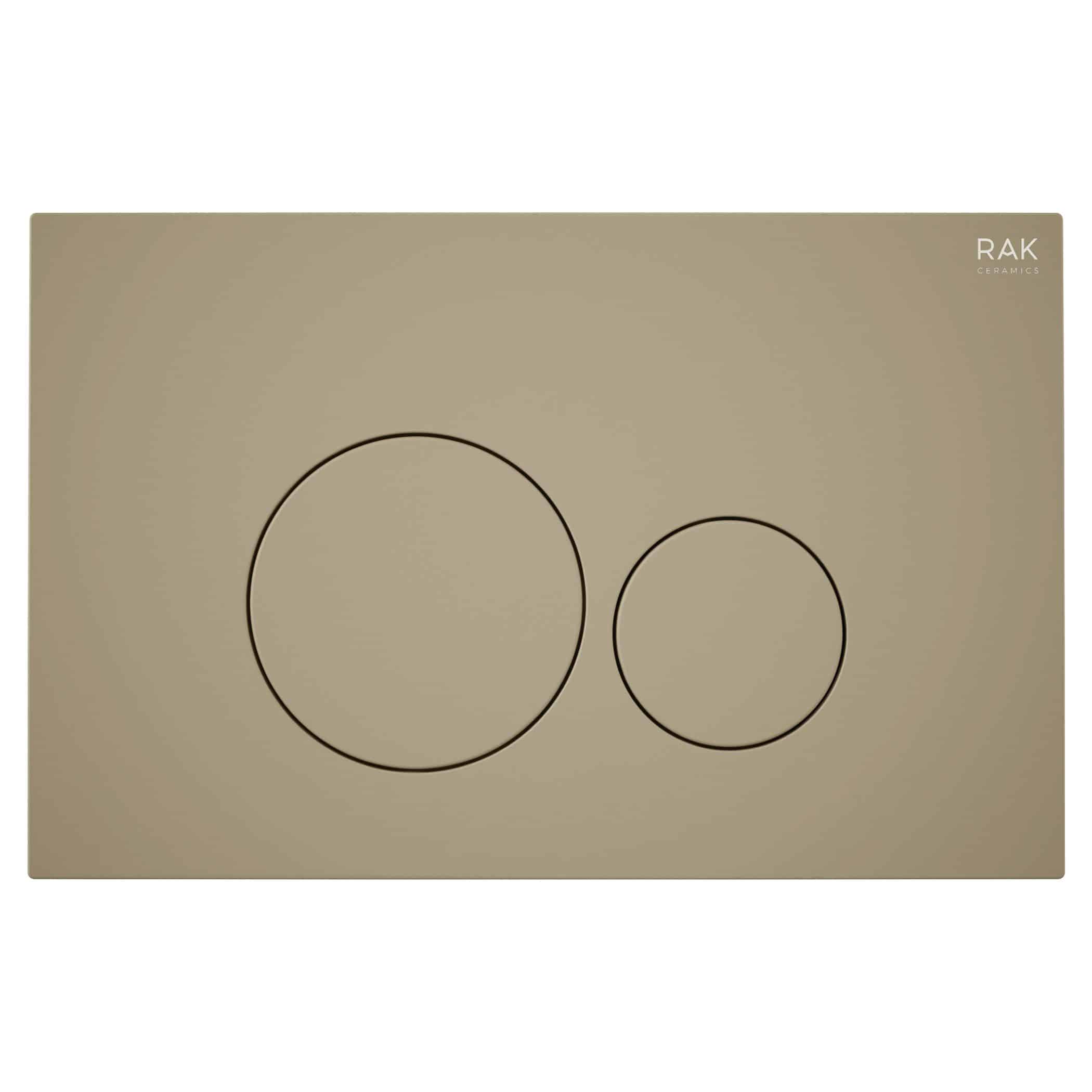 Sleek beige dual flush toilet flush plate with a modern circular design, ideal for contemporary bathrooms, marked with RAK Ceramics branding for stylish bathroom installation.