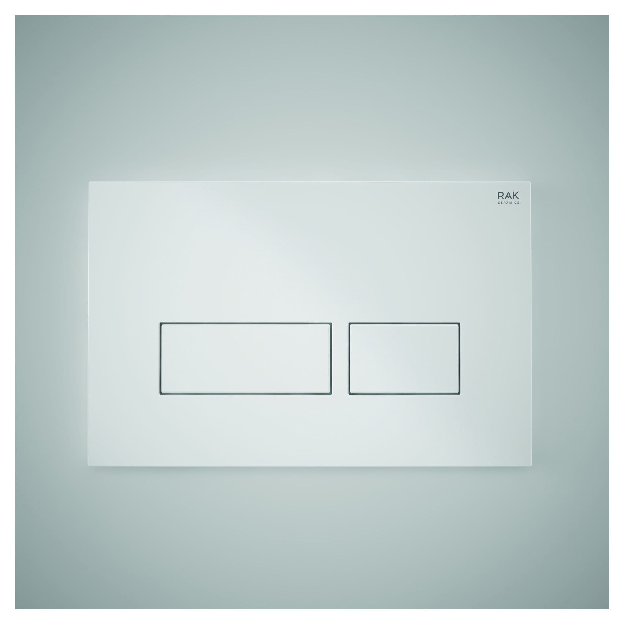 Sleek white bathroom dual flush concealed toilet flush plate with modern minimalist design by Bubly Bathrooms.