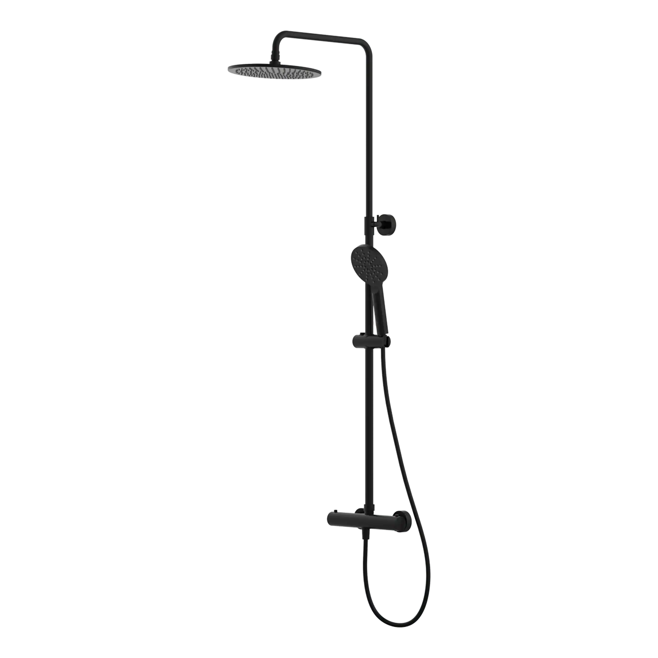 Shower system with overhead rain shower head and handheld shower for modern bathrooms. Black finish, sleek design, and adjustable height for a luxurious shower experience. Suitable for contemporary bathroom interiors.