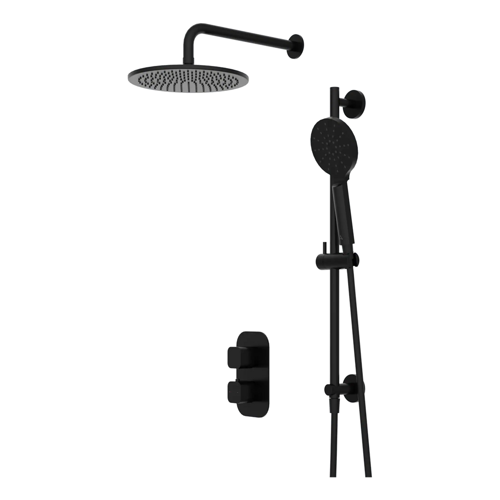 Shower system with rainfall and handheld showerhead, black finish, thermostatic mixer, and wall brackets from Bubly Bathrooms.