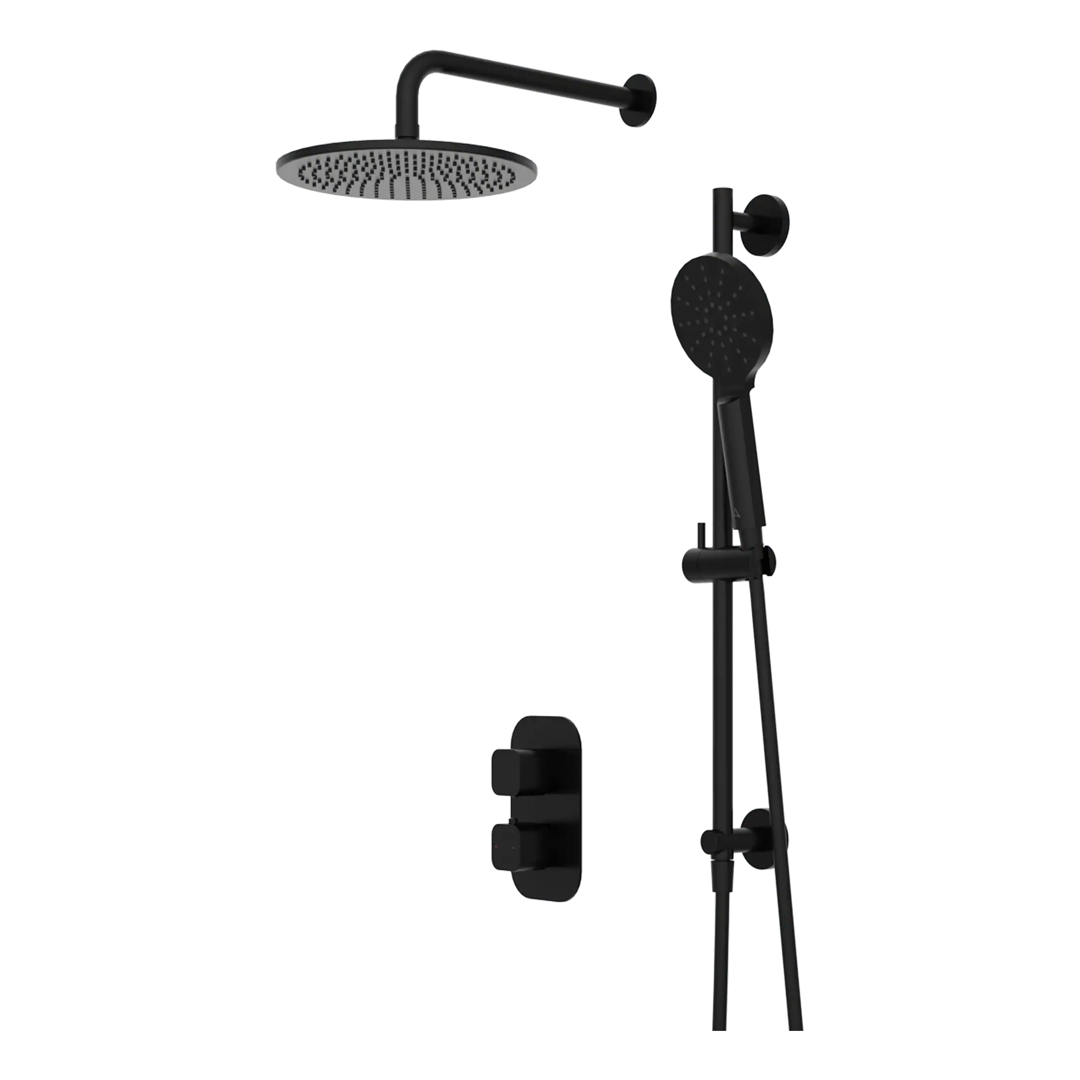 Shower system with rainfall and handheld showerhead, black finish, thermostatic mixer, and wall brackets from Bubly Bathrooms.