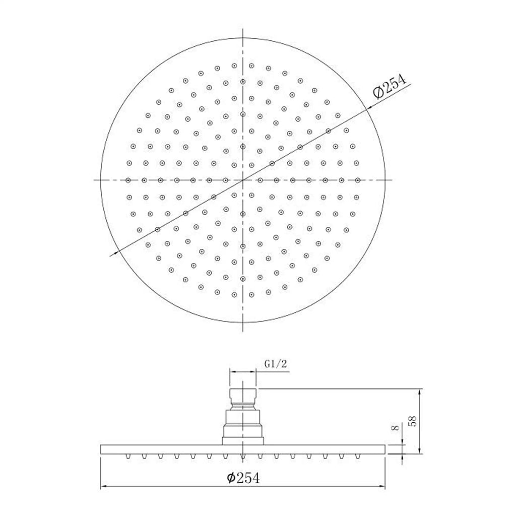 Round shower head technical drawing with water outlet holes, detailed dimensions, and connection specifications, ideal for modern bathroom installations.