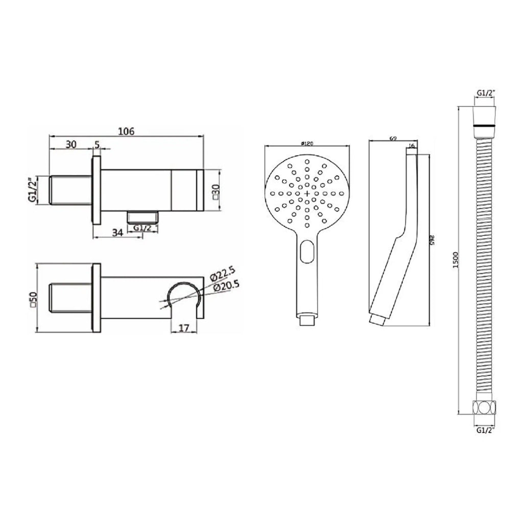 High-quality shower head and adjustable hose with detailed technical drawings, dimensions, and specifications for bathroom plumbing installation. Perfect for modern bathroom upgrades.