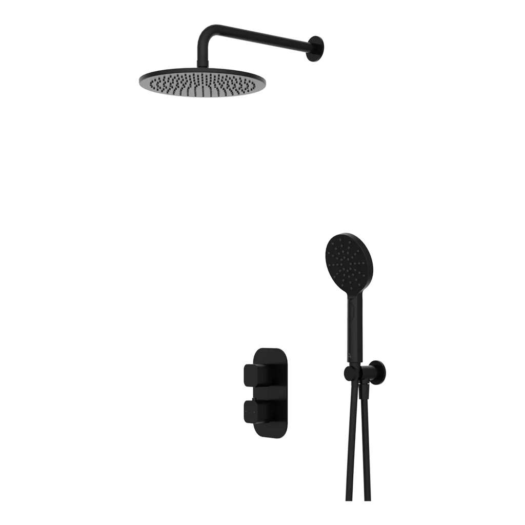 Sleek black rainfall showerhead with handheld shower attachment and wall-mounted controls for modern bathroom shower systems.