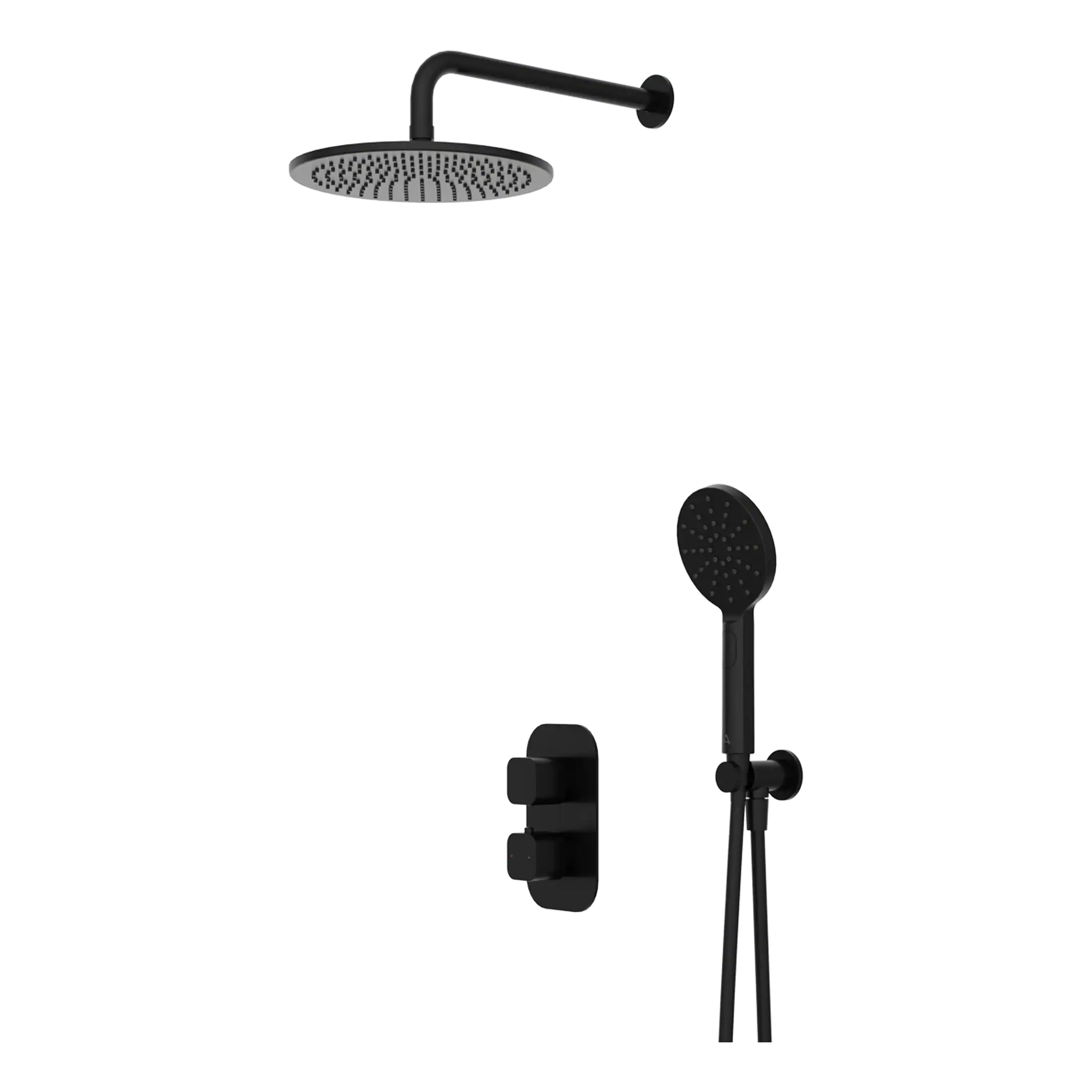 Sleek black rainfall showerhead with handheld shower attachment and wall-mounted controls for modern bathroom shower systems.