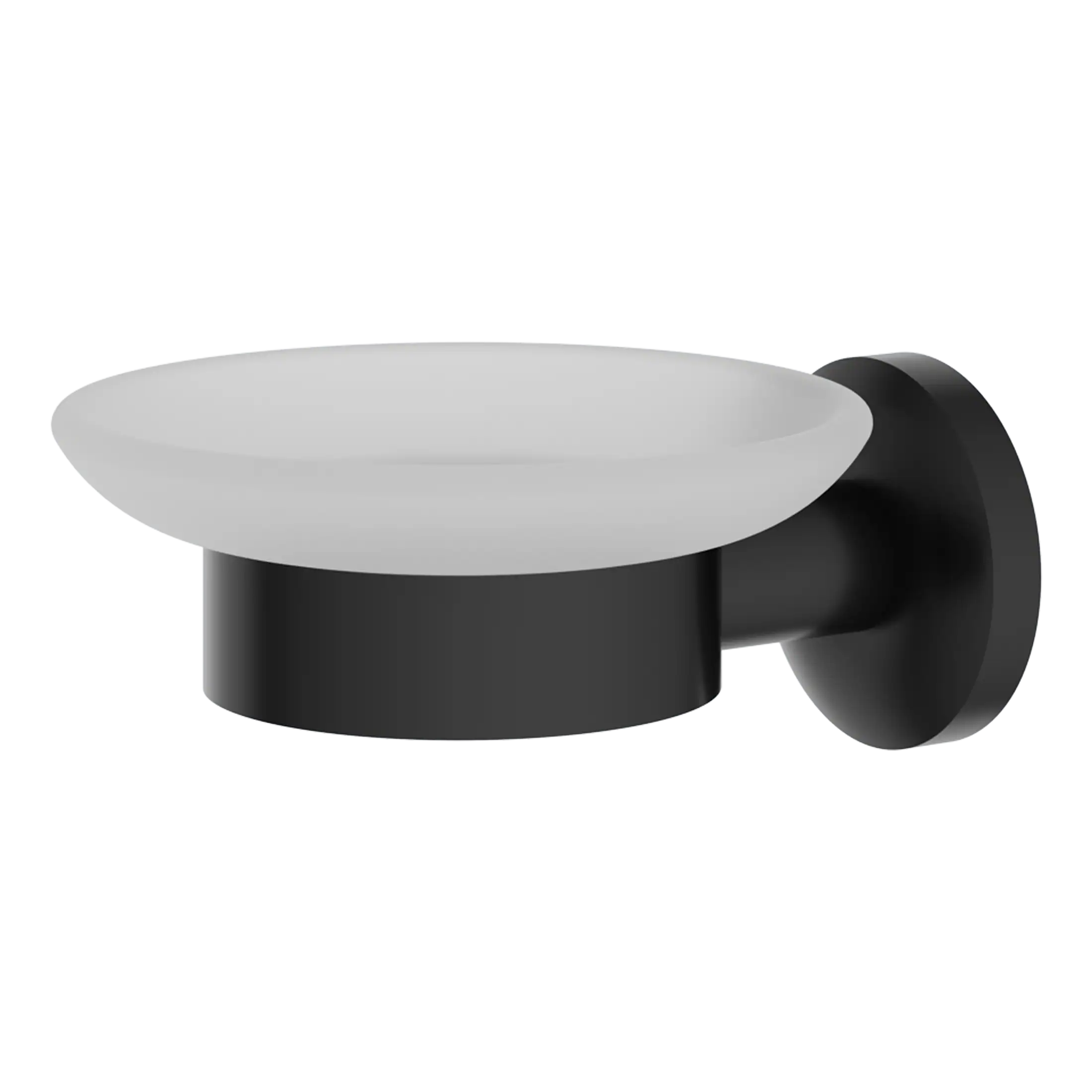 Sleek modern wall-mounted soap dish with black base and frosted glass dish, designed for stylish bathroom organisation. Perfect for adding contemporary elegance to Bubly Bathrooms.