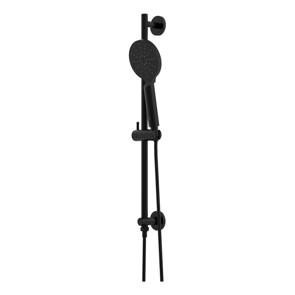Black outdoor shower system with adjustable height and multiple shower heads, perfect for garden or poolside use. Modern design includes a handheld shower and durable fixtures.