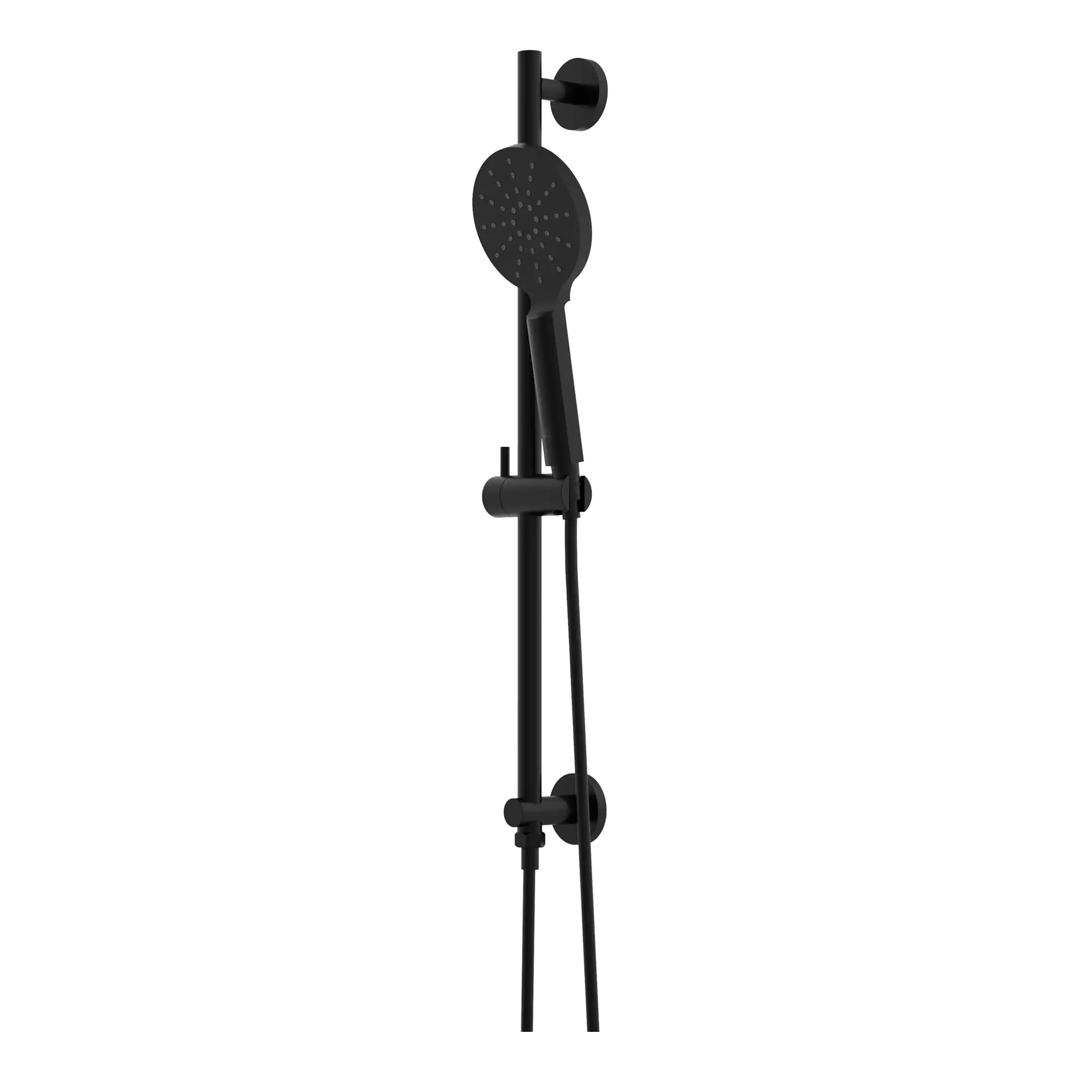 Black outdoor shower system with adjustable height and multiple shower heads, perfect for garden or poolside use. Modern design includes a handheld shower and durable fixtures.