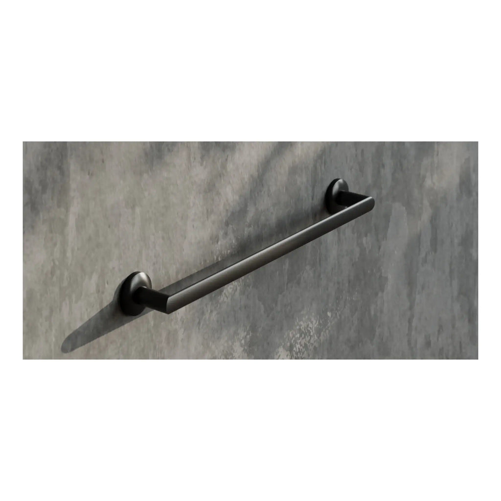 Modern black wall-mounted grab bar on grey concrete wall, ideal for bathroom safety and accessibility. Durable stainless steel support for shower or bathtub safety needs.