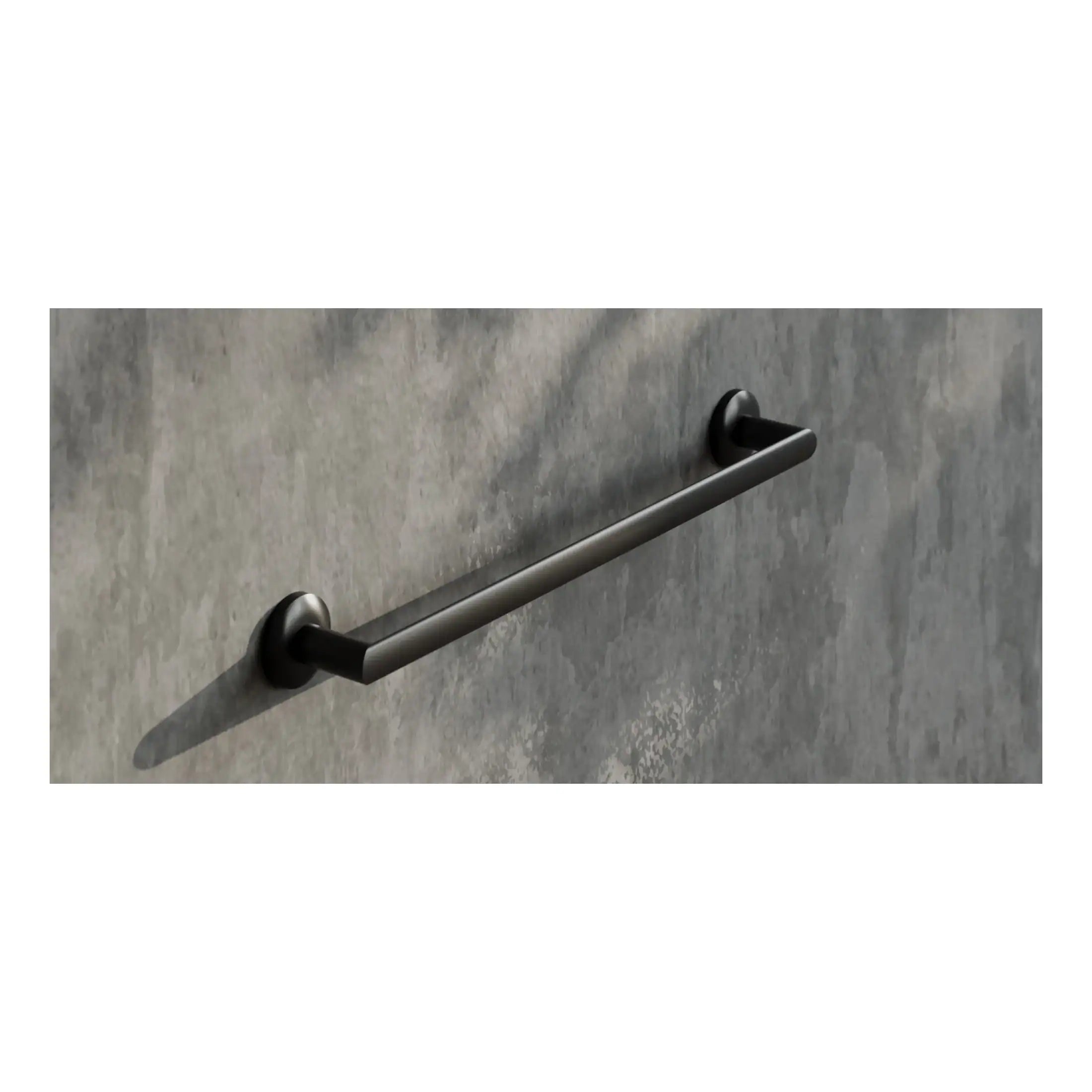 Modern black wall-mounted grab bar on grey concrete wall, ideal for bathroom safety and accessibility. Durable stainless steel support for shower or bathtub safety needs.
