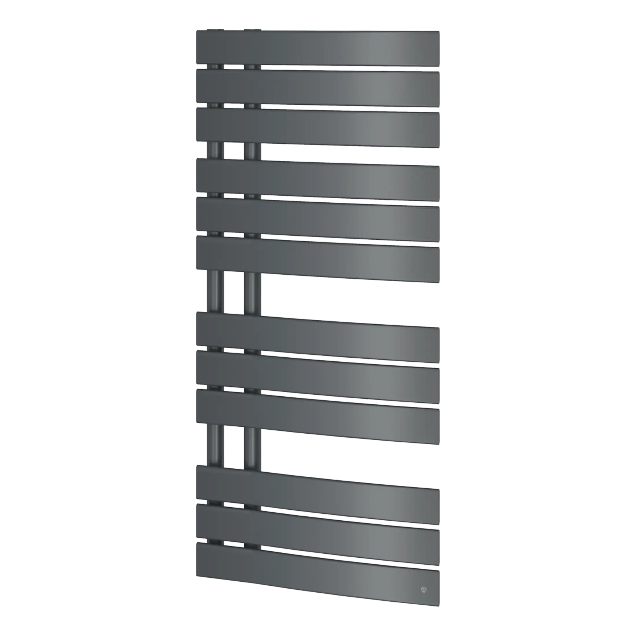 Modern grey heated towel rail radiator, wall-mounted bathroom heating solution, sleek design for contemporary bathrooms, efficient towel drying, and space-saving decor.