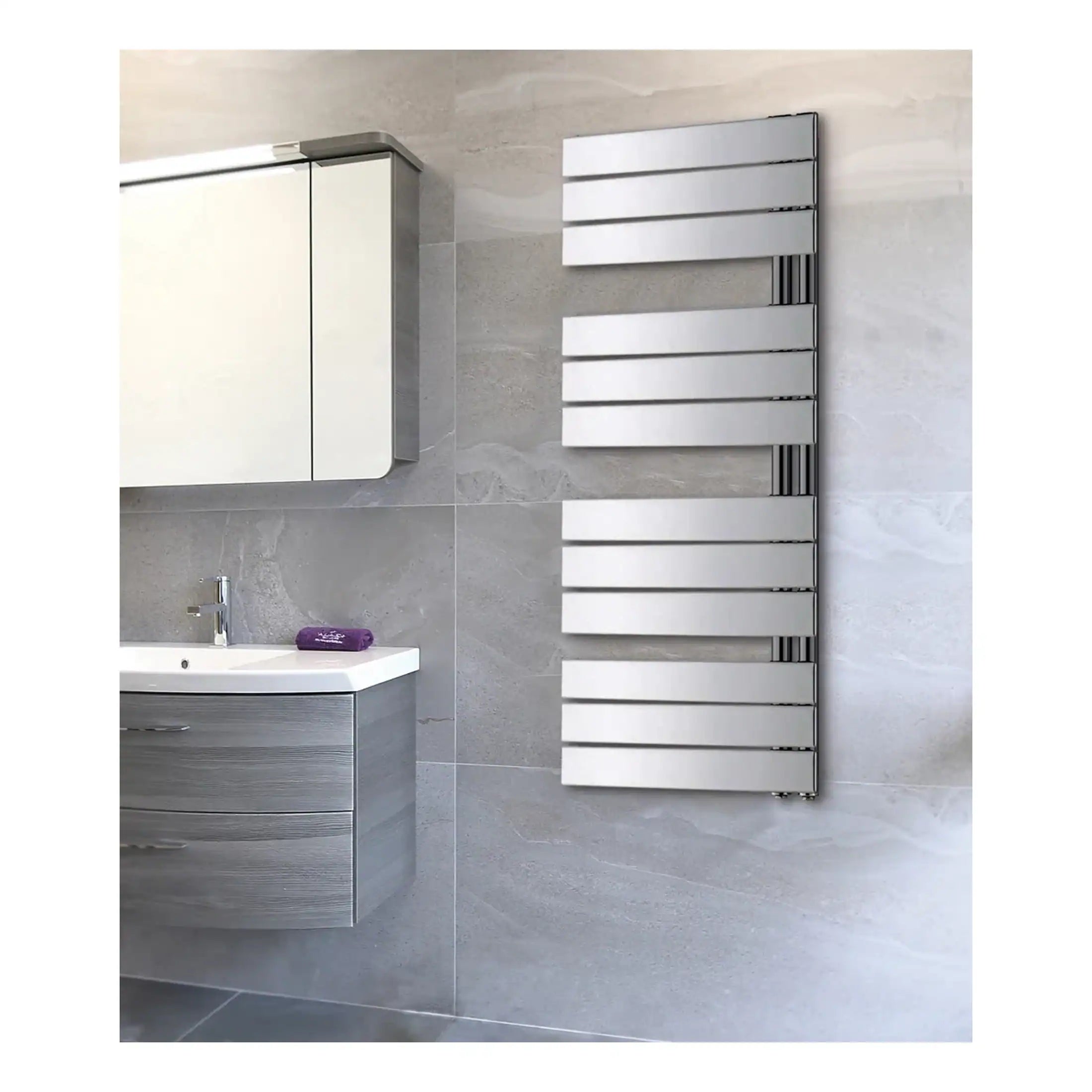 Modern electric towel radiator in a contemporary bathroom setting, featuring sleek horizontal bars in white finish for efficient heating and towel drying, complementing grey tiled walls.