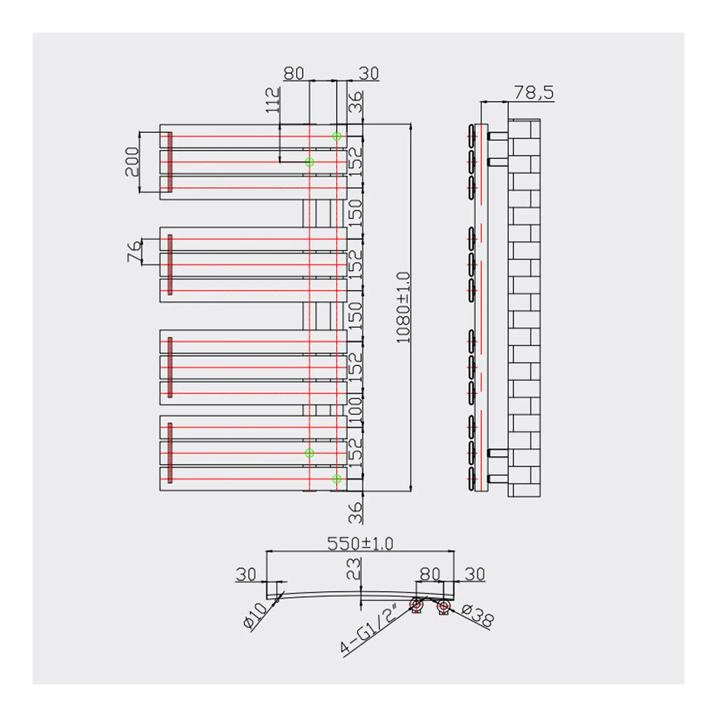 High-quality bathroom radiator design sketch showcasing measurements and installation details for modern bathroom heating solutions. Suitable for contemporary bathroom interiors.