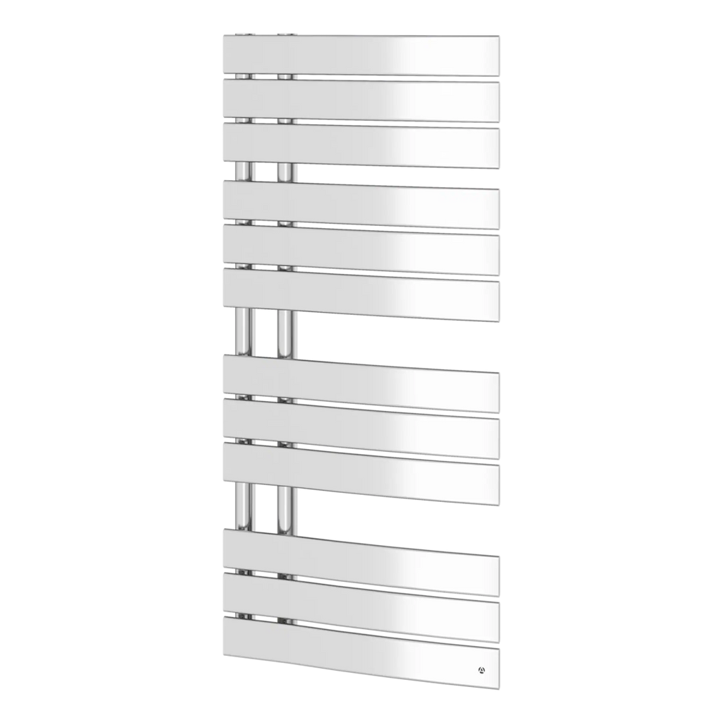 Modern white heated towel radiator for bathrooms from Bubly Bathrooms, providing stylish towel warmth and efficient heat distribution. Perfect for contemporary bathroom designs.
