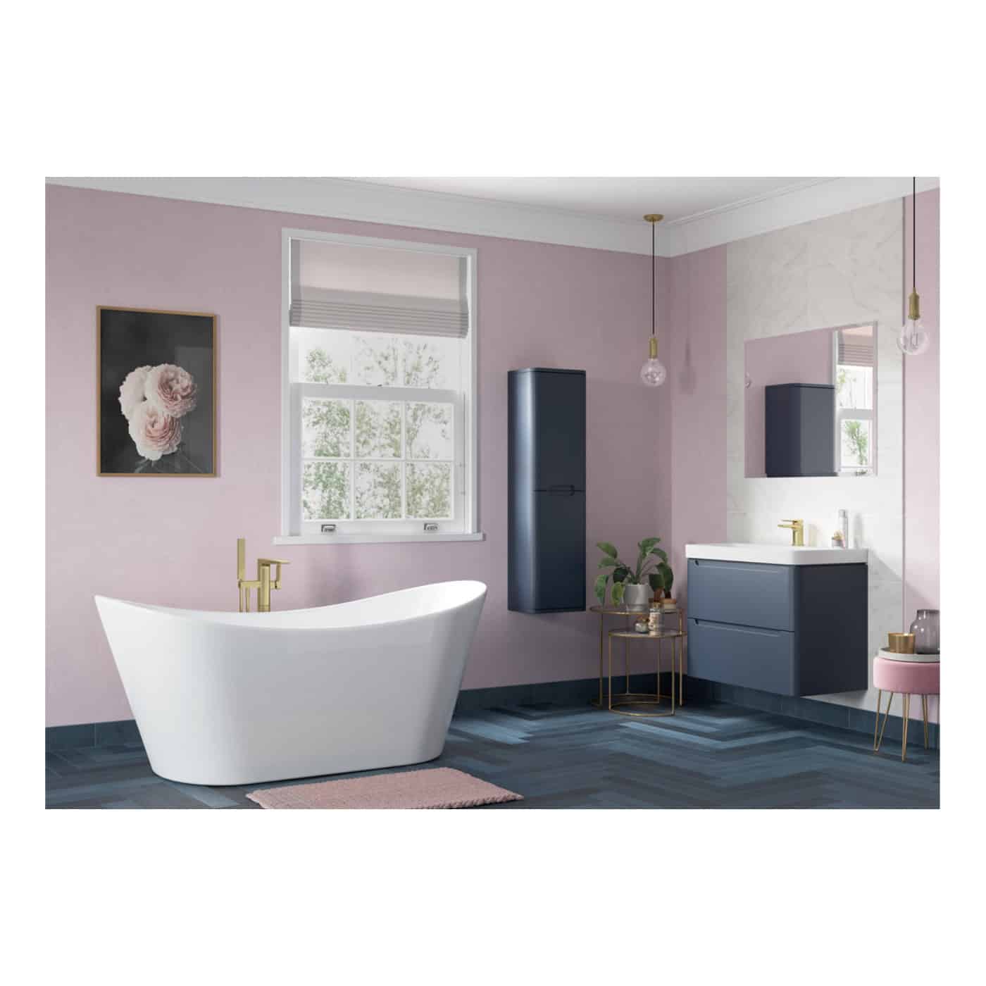 Modern bathroom featuring a freestanding white bathtub, navy blue vanity units, and pink accents, with natural light from a large window and contemporary decor for a luxury spa-like feel.