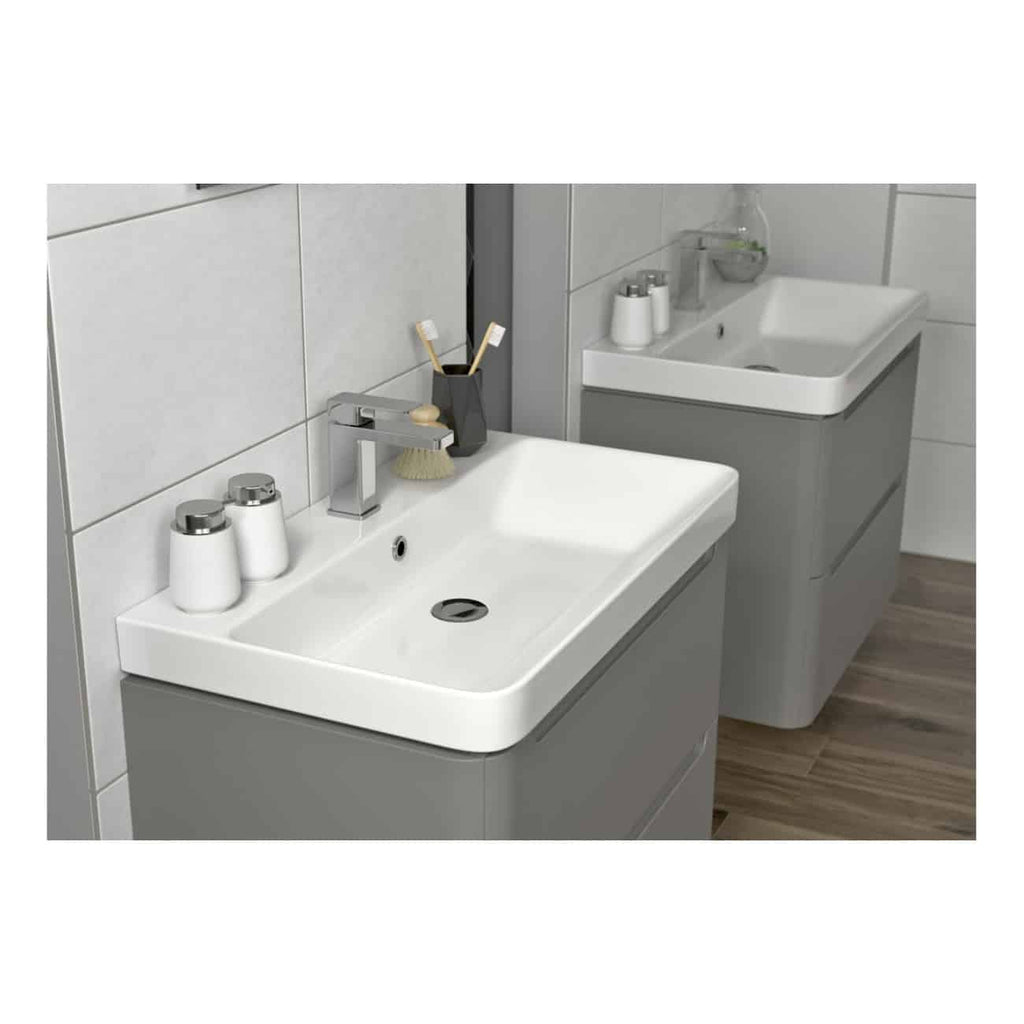 Sleek modern bathroom vanity with grey drawer base and white ceramic sink, paired with contemporary accessories, perfect for stylish bathroom design and organisation.