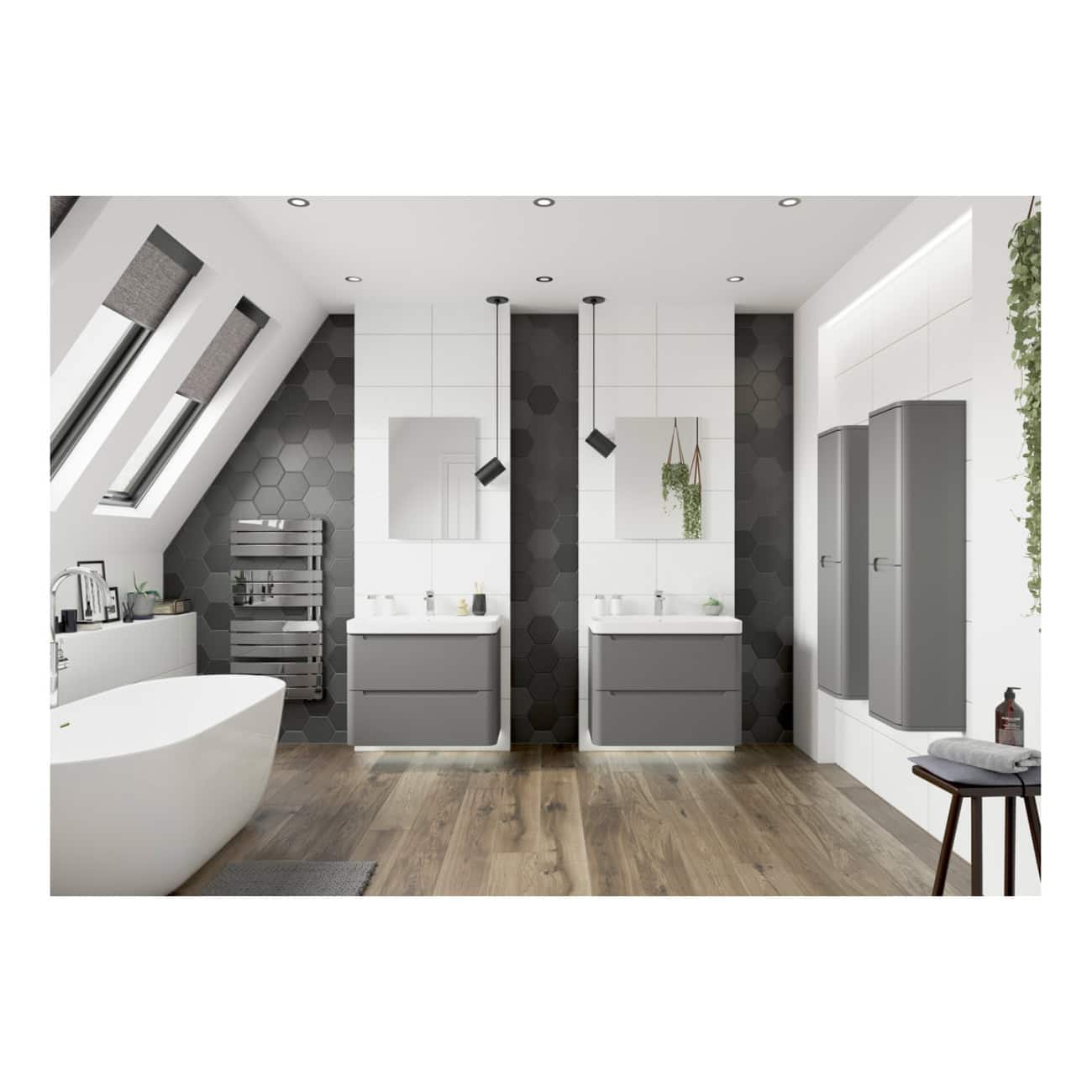 Contemporary bathroom featuring a freestanding bathtub, dual grey vanities with round mirrors, modern pendant lights, hexagonal wall tiles, and sleek wall-mounted storage cabinets, perfect for a stylish and functional bathroom design.