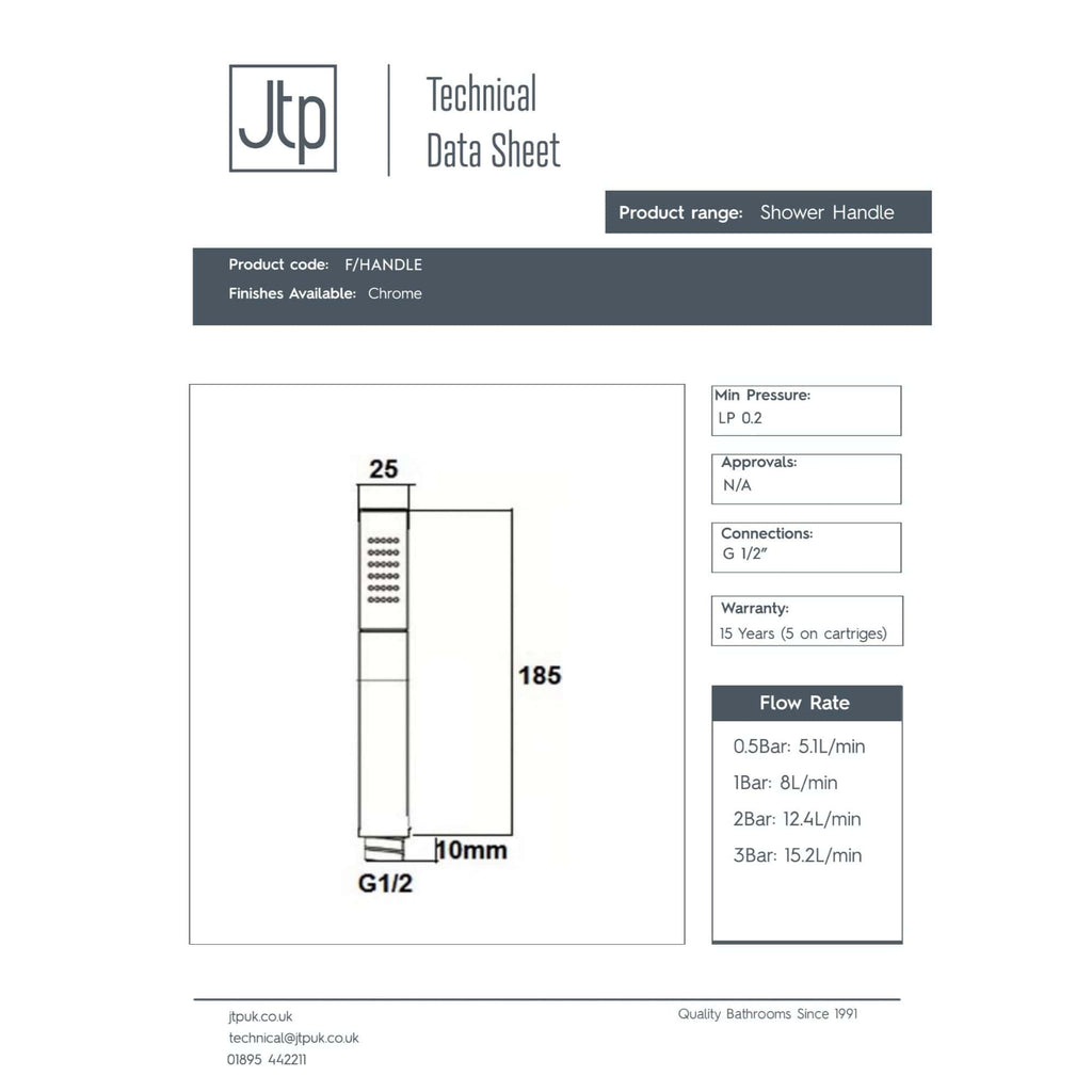 High-quality image of a chrome shower handle technical data sheet for Bubly Bathrooms, featuring specifications, flow rates, and connection details for modern bathroom shower fittings.