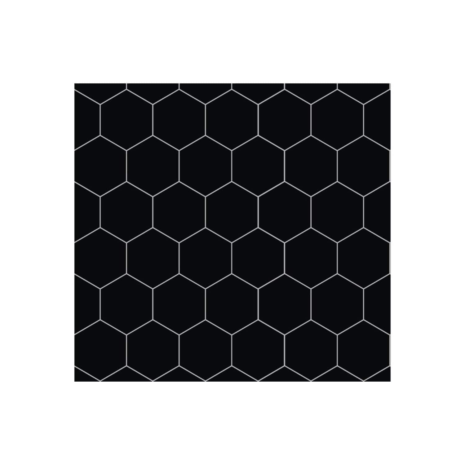 Sleek black hexagon mosaic tile pattern with white grout lines, ideal for modern bathroom backgrounds and accent walls. Perfect for creating stylish, contemporary bathroom designs.