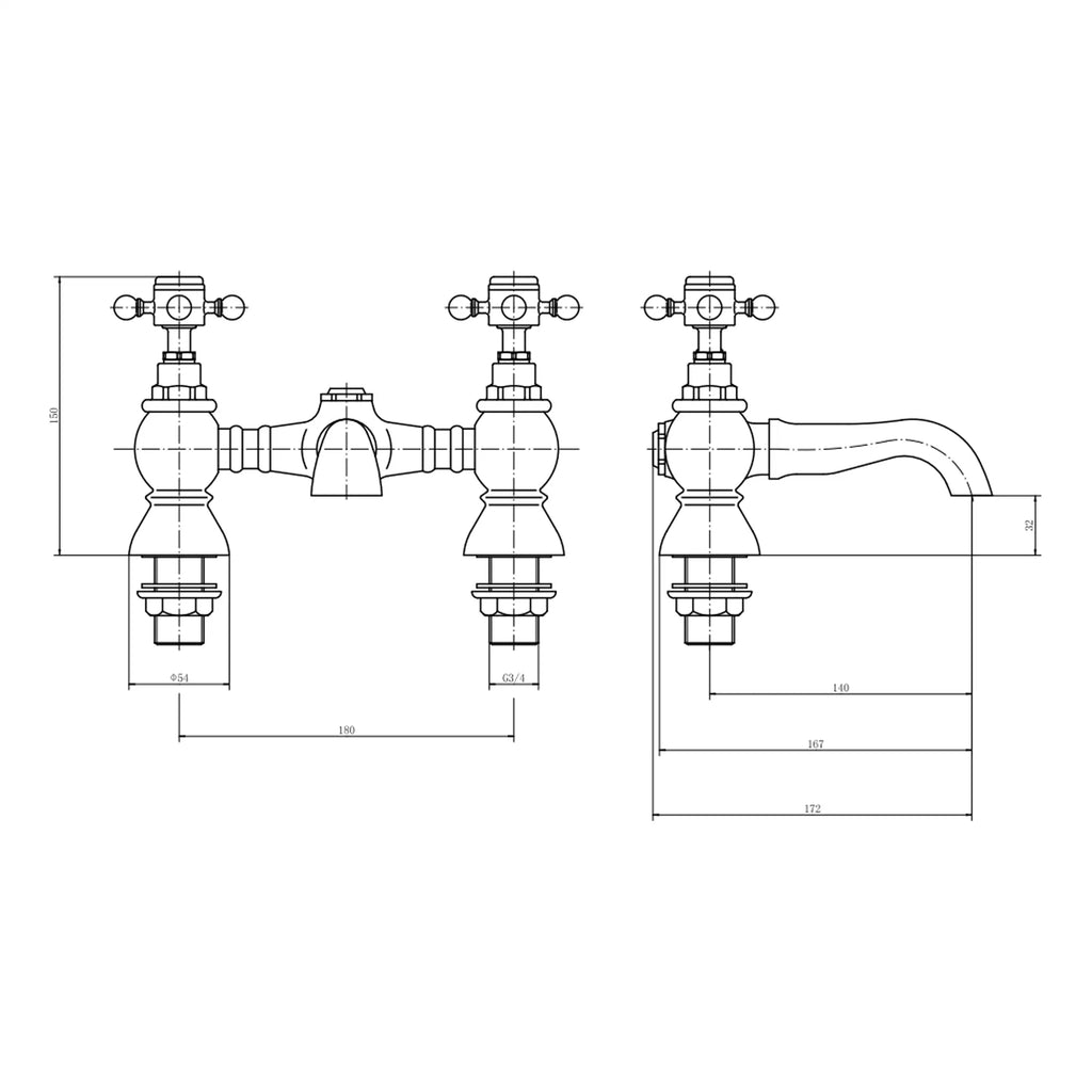 High-quality traditional brass bathroom tap with detailed technical drawing for installation and plumbing design. Ideal for classic bathroom decor and plumbing projects.