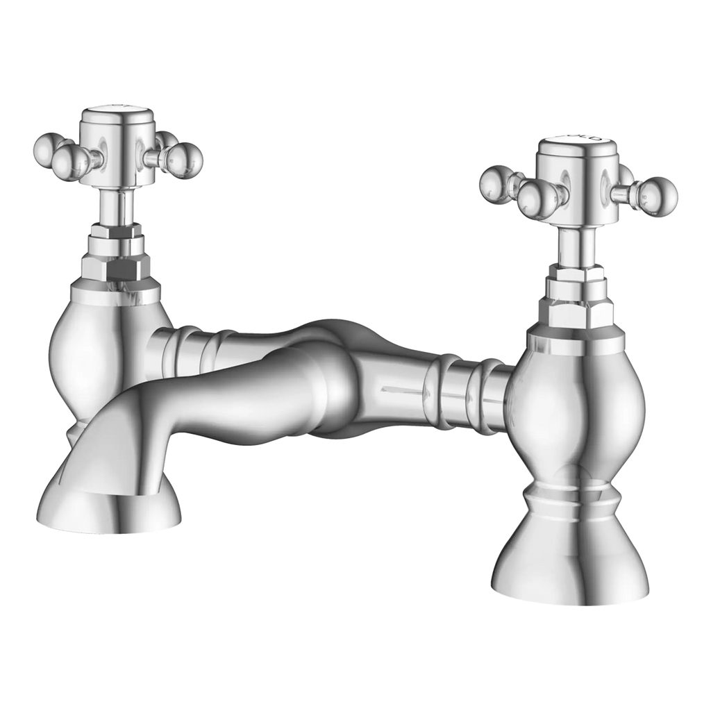 Chrome bathroom tap with vintage-style cross handles for classic and modern bathroom decor. Designed for durability and elegance, perfect for any stylish bathroom setting.