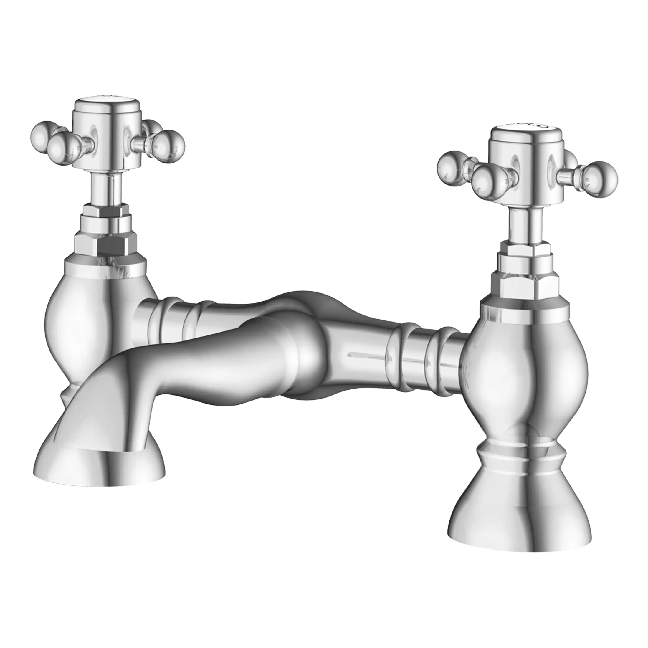 Chrome bathroom tap with vintage-style cross handles for classic and modern bathroom decor. Designed for durability and elegance, perfect for any stylish bathroom setting.
