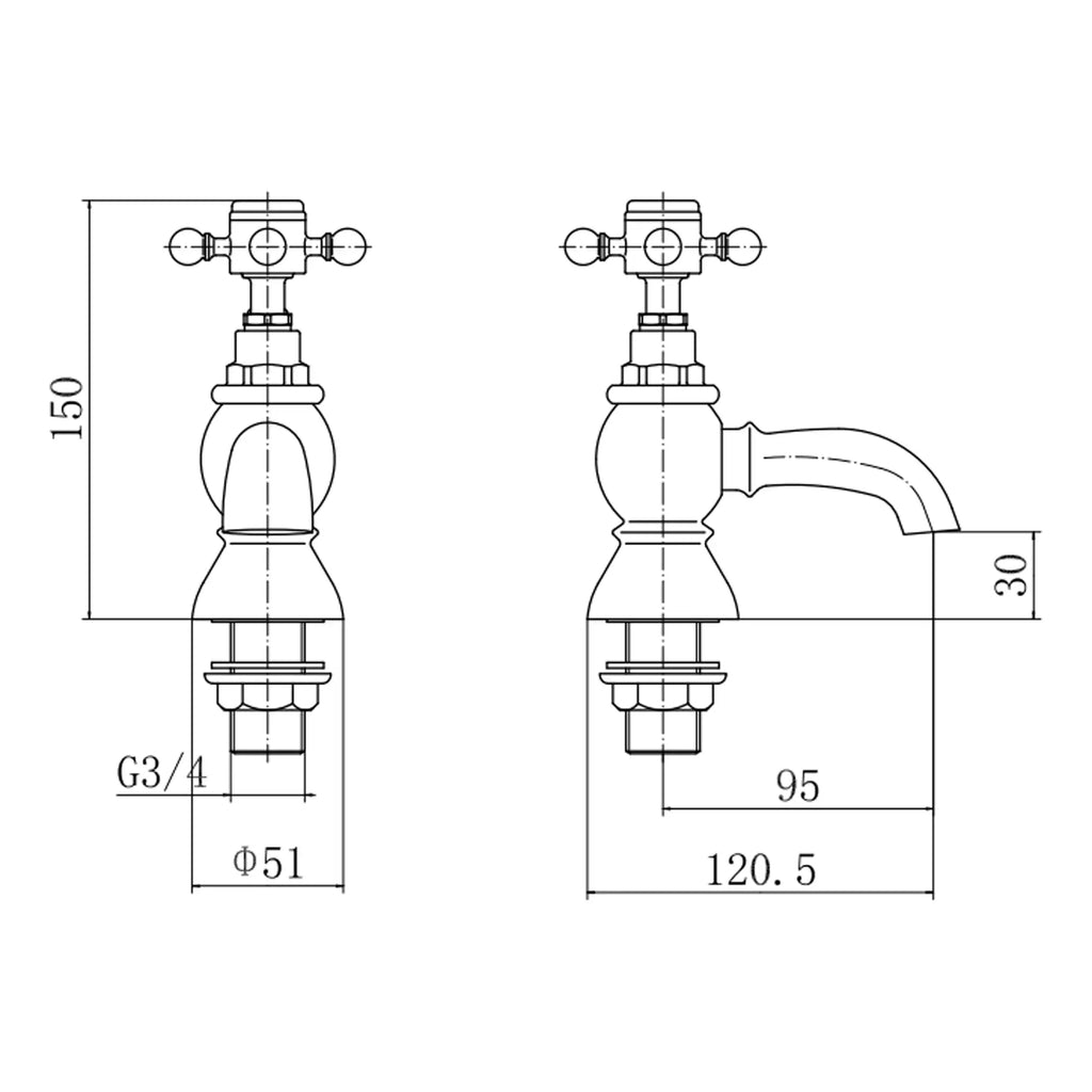 Genuine plumbing technical drawing of a traditional bathroom tap, showcasing detailed measurements and specifications for installation, perfect for bathroom renovation projects.