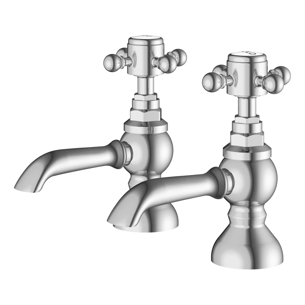 Shiny chrome bathroom taps with classic design, ideal for vintage or traditional style bathrooms, featuring cross handles and sturdy construction. Perfect for enhancing bathroom aesthetics.