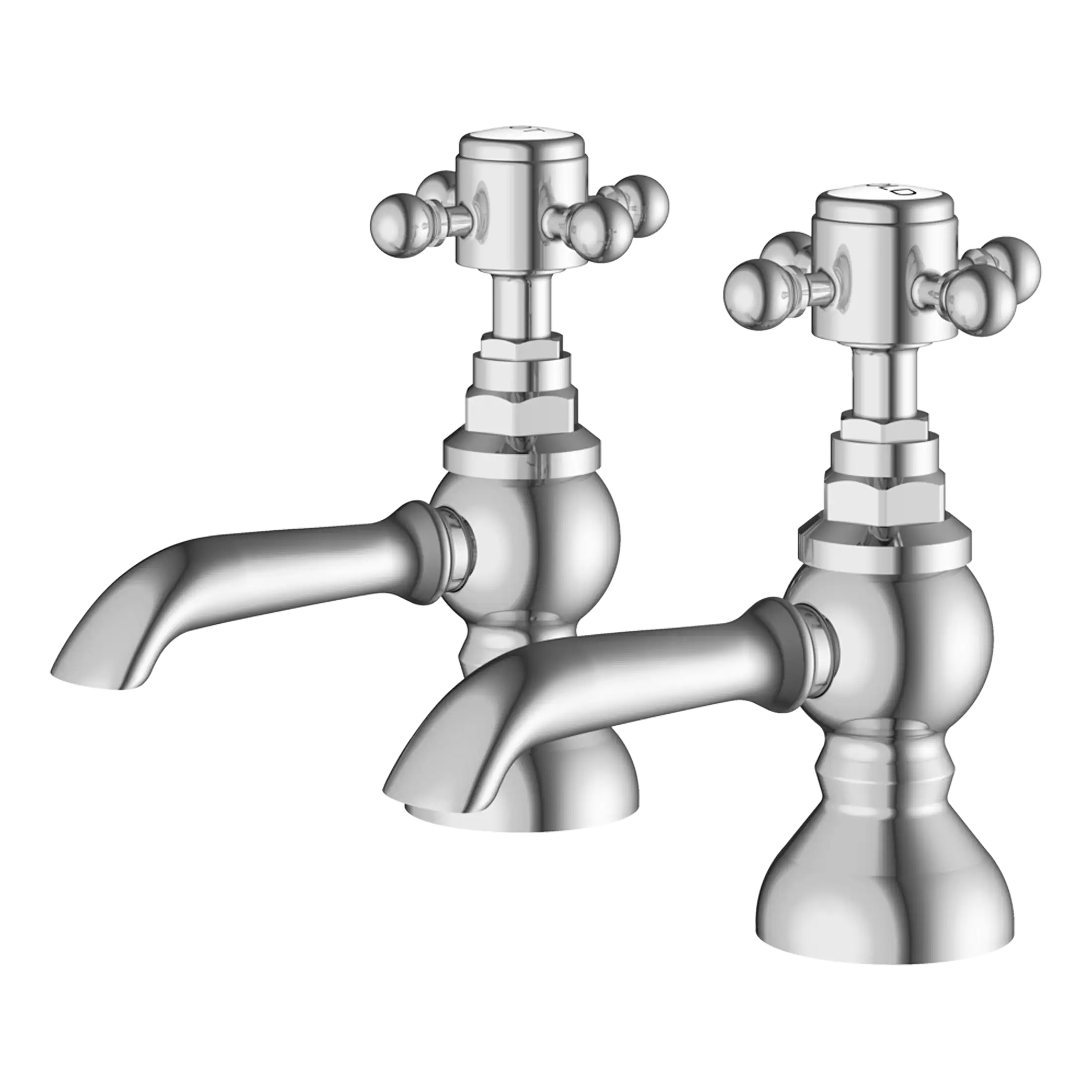 Shiny chrome bathroom taps with classic design, ideal for vintage or traditional style bathrooms, featuring cross handles and sturdy construction. Perfect for enhancing bathroom aesthetics.