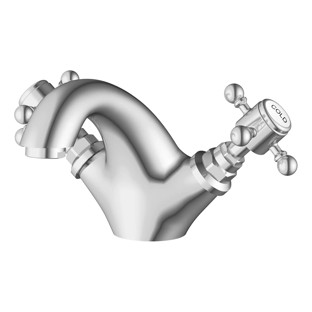 Shiny silver bathroom faucet with temperature control handles, modern design focusing on durability and style, ideal for modern bathroom renovations or upgrades.